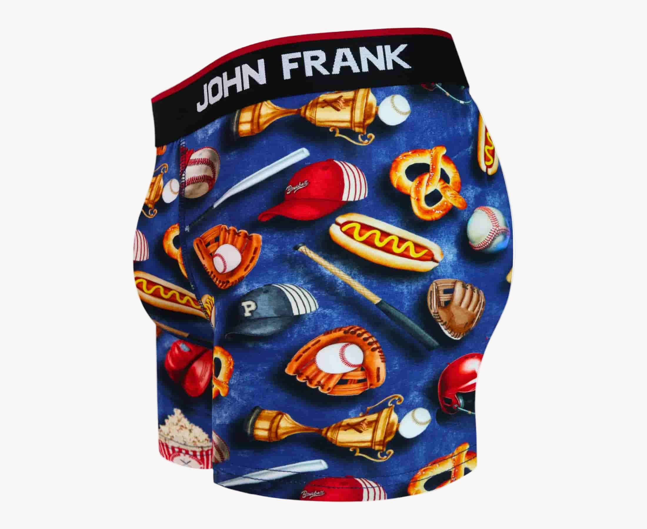 Side view of men’s 95% cotton boxer brief in multicolor baseball-inspired print with contoured pouch and tailored leg cut