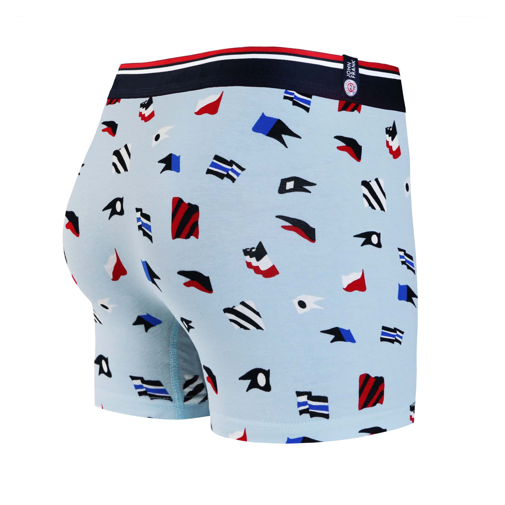 Back view of men’s 95% cotton boxer brief in light blue with naval flag print, smooth waistband, and rear detail