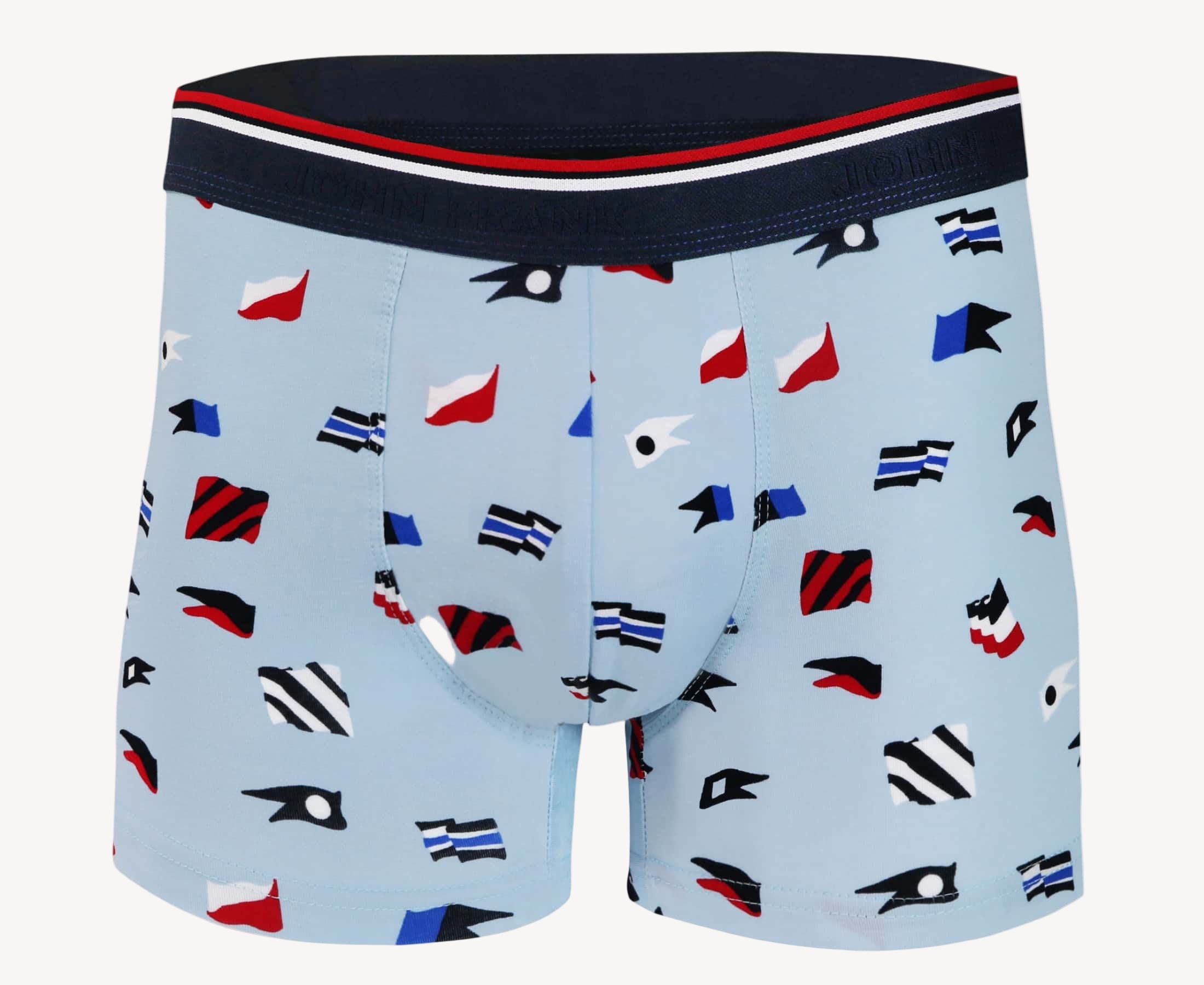 Front view of men’s 95% cotton boxer brief in light blue with naval flag print, soft stretch, and no-roll waistband