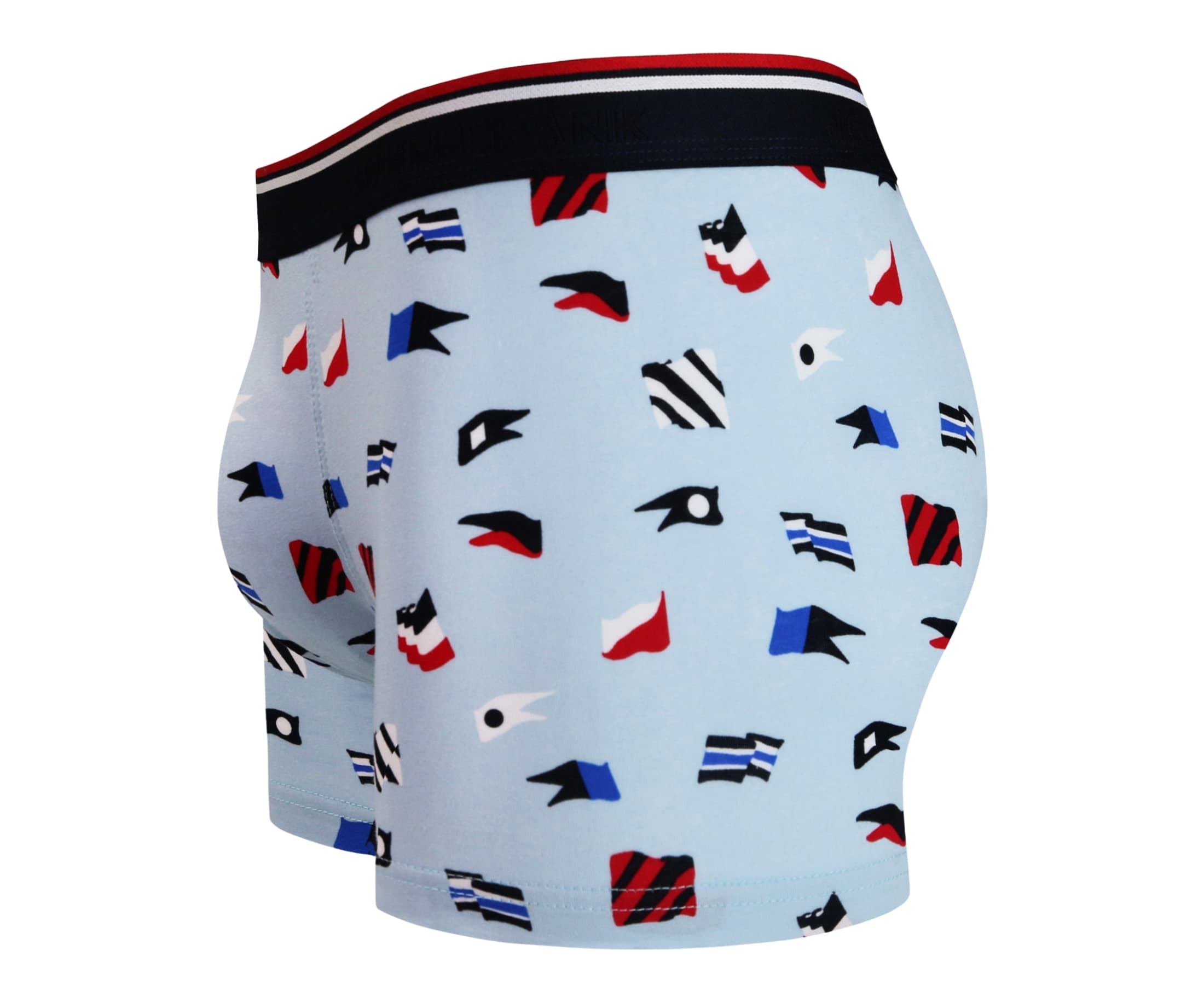 Side view of men’s 95% cotton boxer brief in light blue with naval flag print, contoured pouch, and tailored leg cut