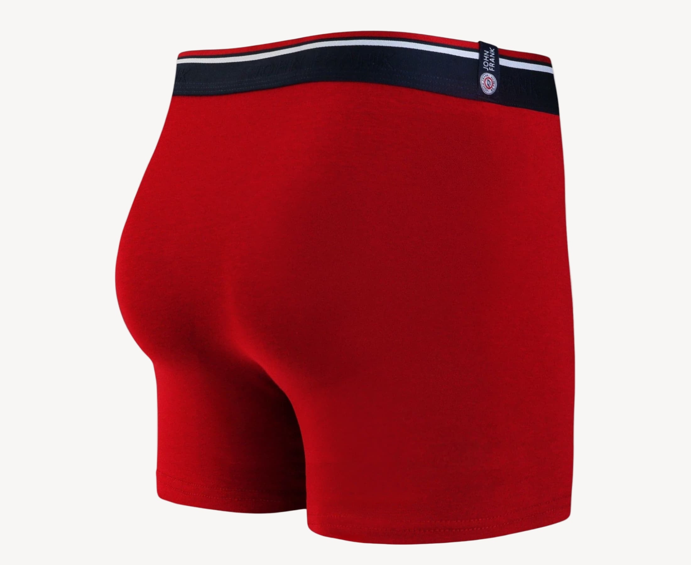 Back view of men’s 95% cotton boxer brief in red solid with smooth and striped waistband and rear detail