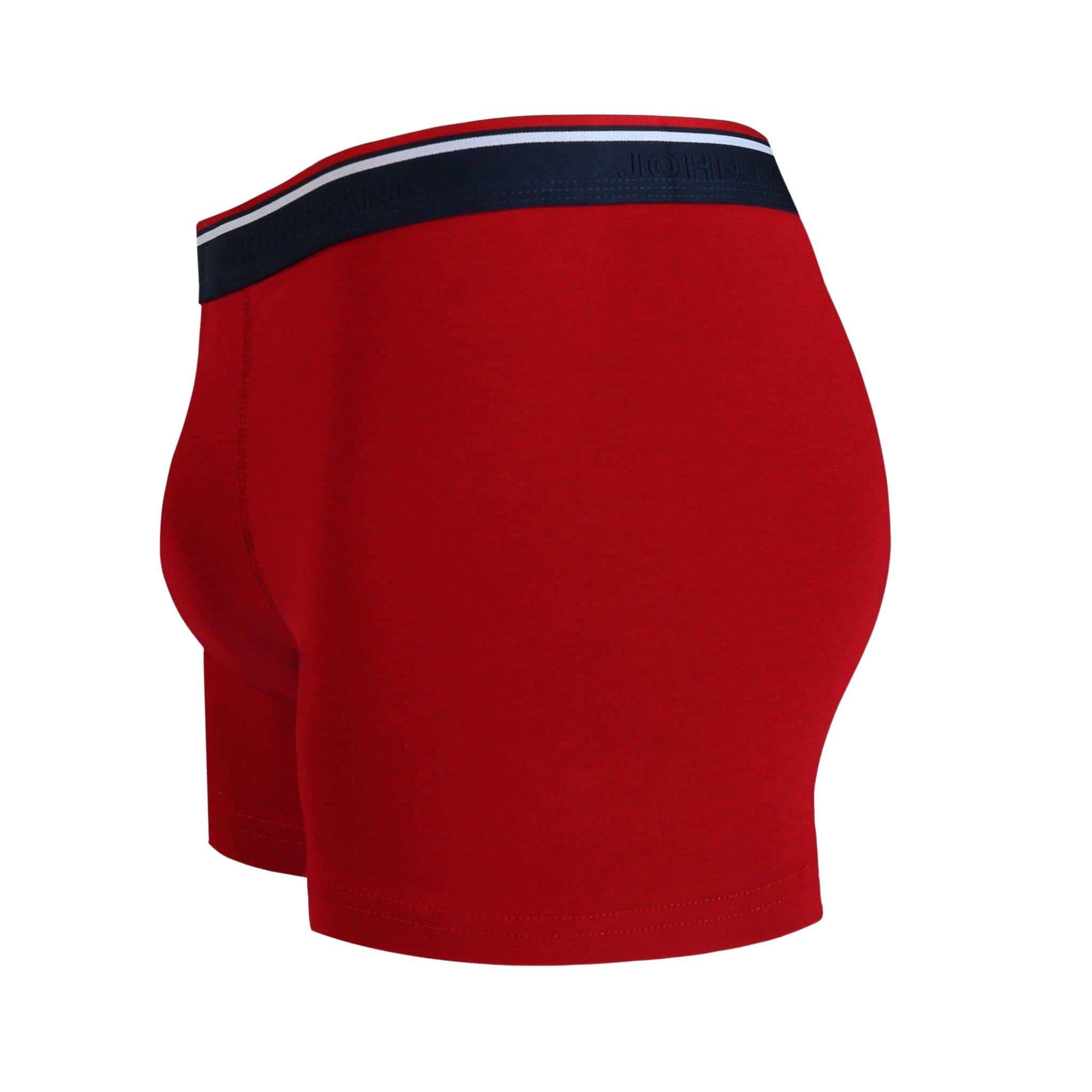 Side view of men’s 95% cotton boxer brief in red with striped waistband, contoured pouch, and tailored leg cut
