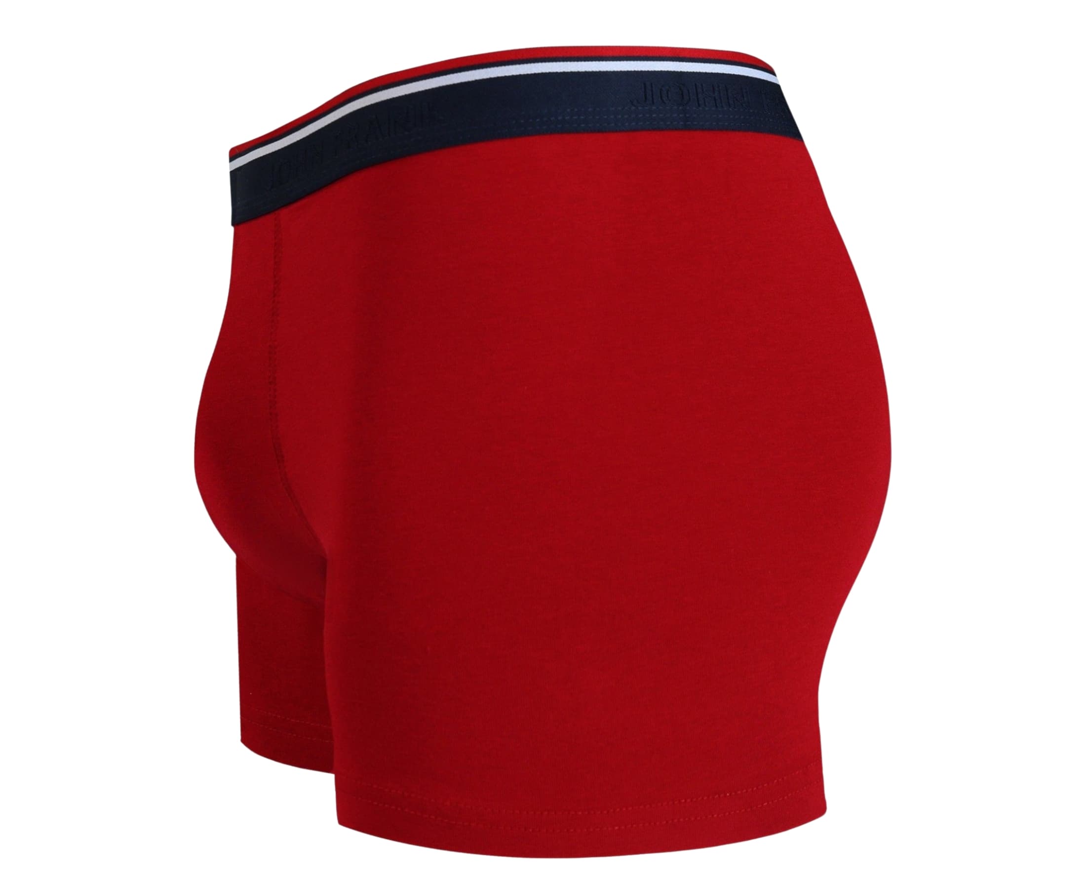 Side view of men’s 95% cotton boxer brief in red with striped waistband, contoured pouch, and tailored leg cut