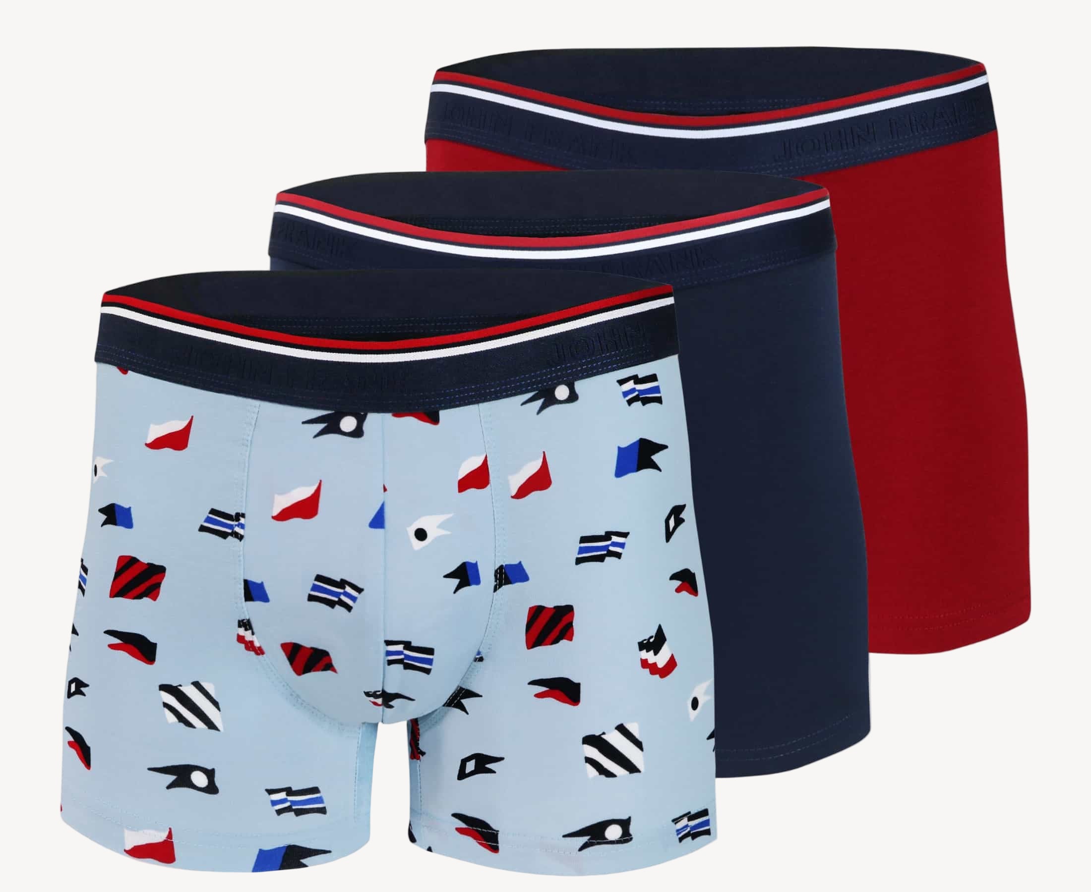 Full pack view of men’s 95% cotton boxer brief 3-pack — one light blue with naval flag print, one red solid with striped waistband, one navy solid with striped waistband