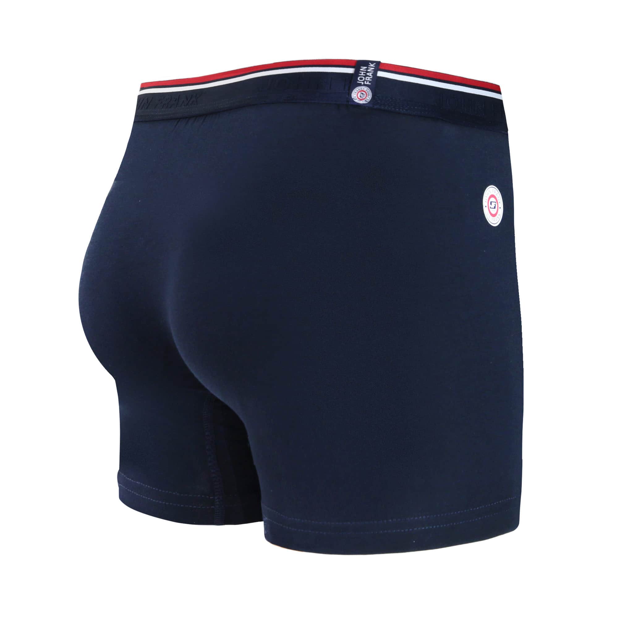 Back view of men’s 95% cotton boxer brief in navy with striped and smooth waistband and rear detail