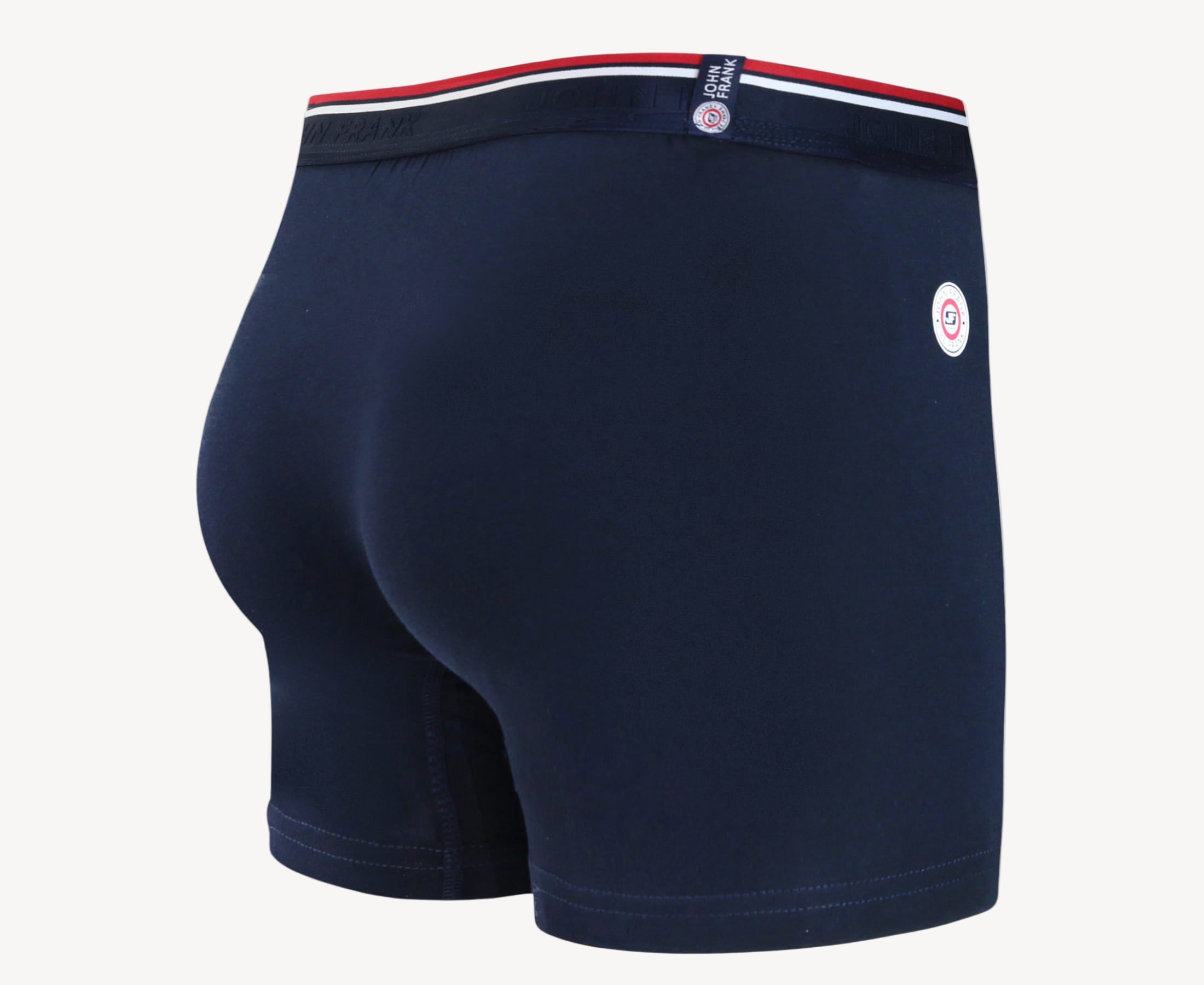 Back view of men’s 95% cotton boxer brief in navy with striped and smooth waistband and rear detail