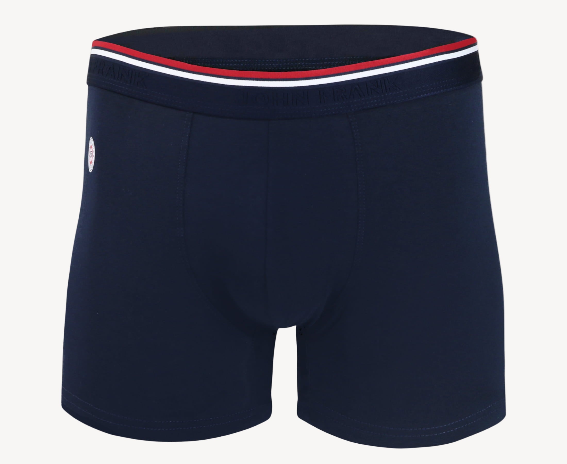 Front view of men’s 95% cotton boxer brief in navy solid with crimson red and white striped waistband and soft stretch