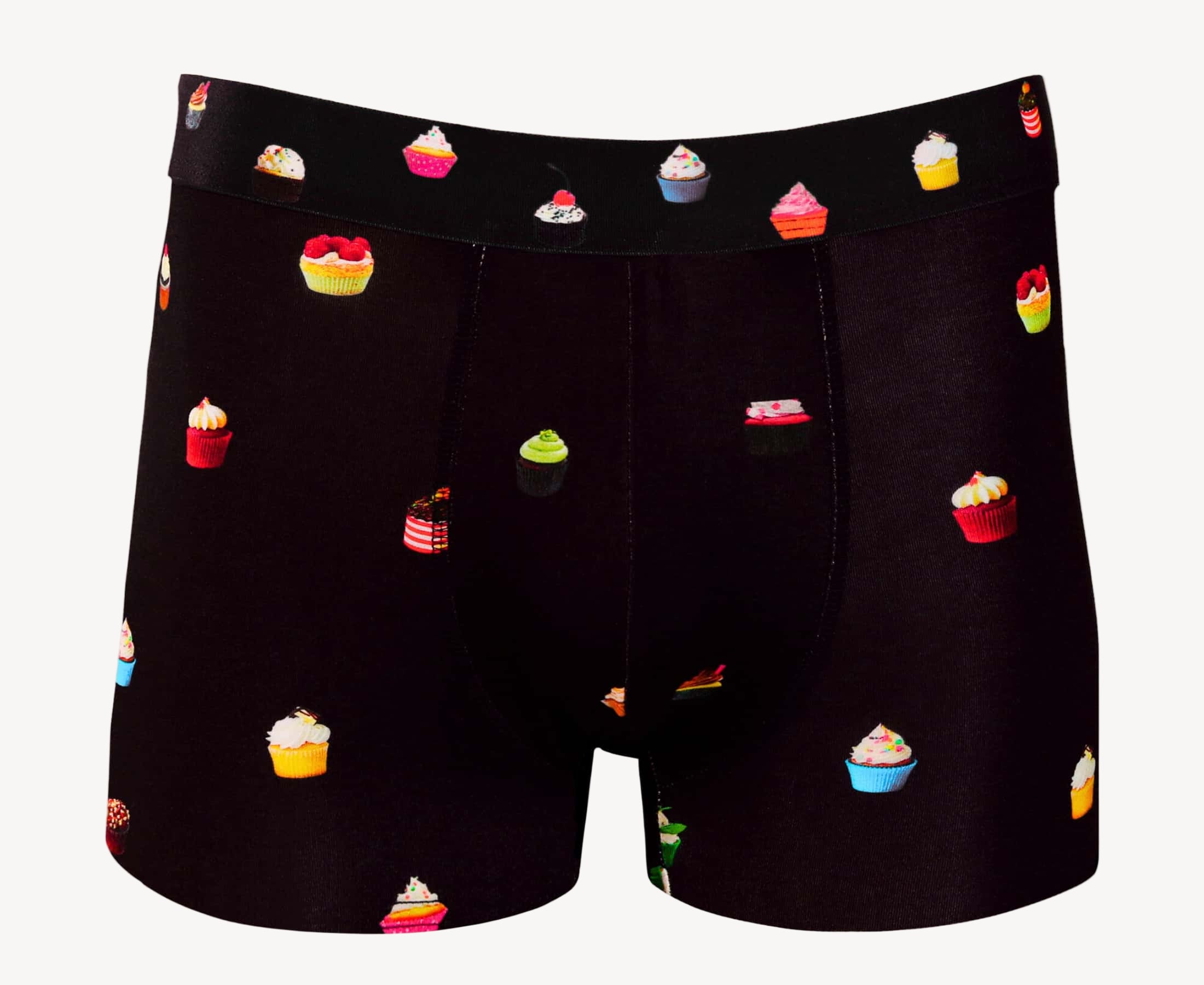 Front view of men’s 95% micromodal boxer brief in navy with cupcake print, soft stretch and no-roll waistband