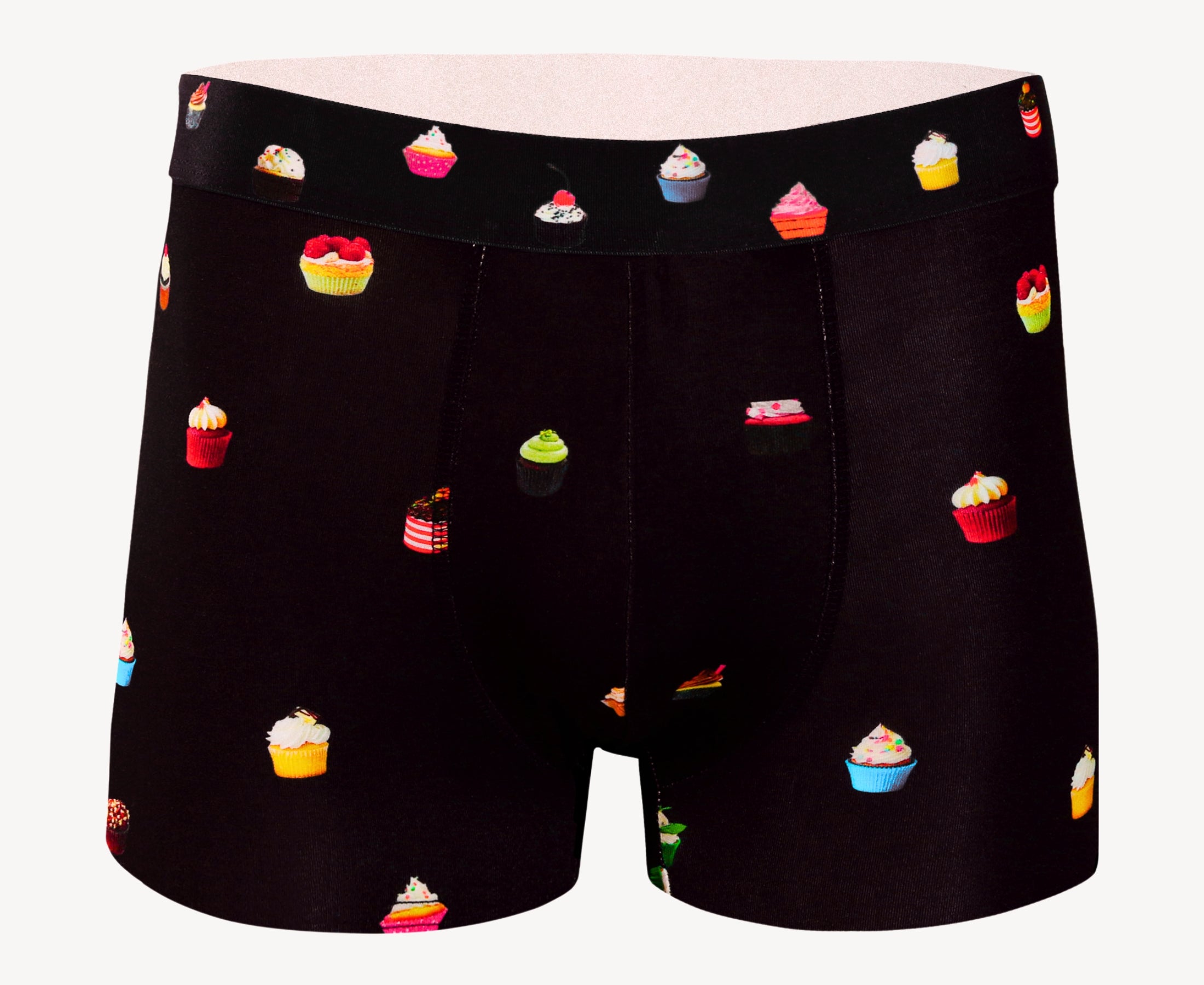 Front view of men’s 95% micromodal boxer brief in navy with cupcake print, soft stretch and no-roll waistband