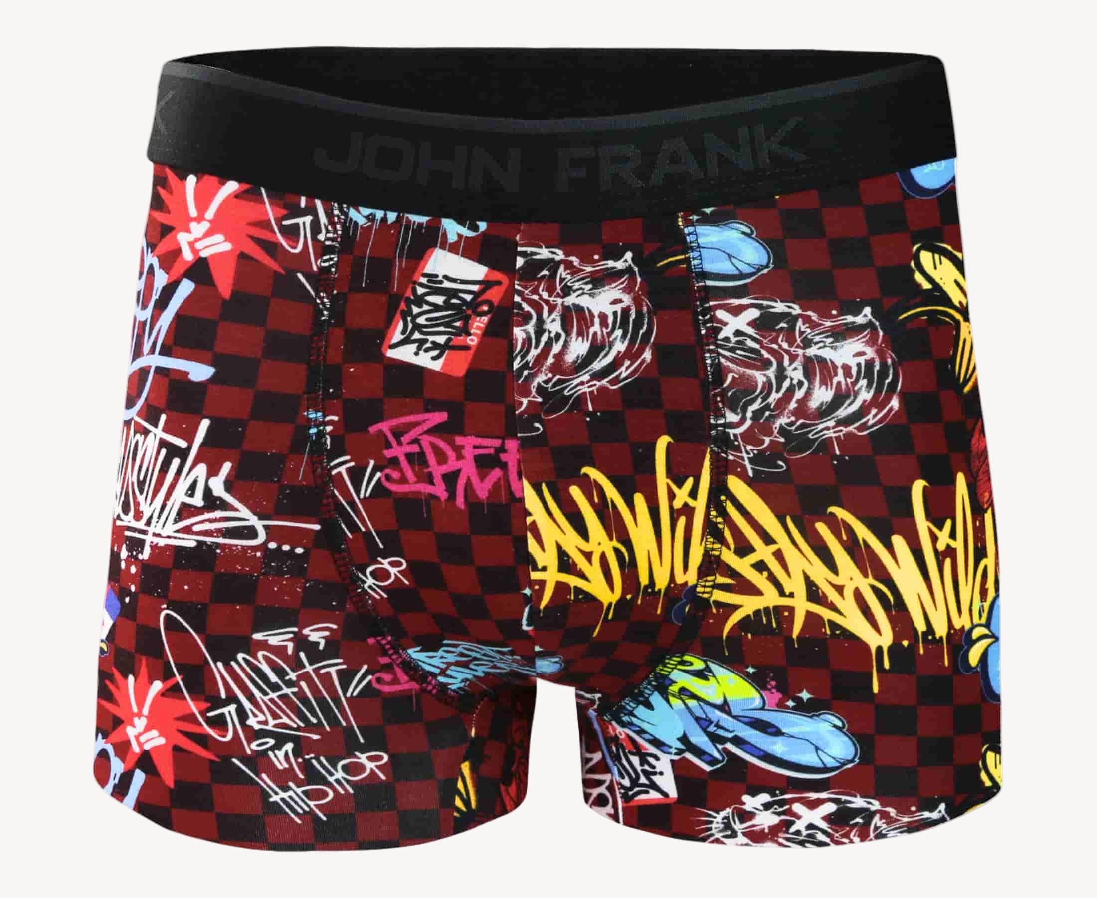 Front view of men’s 95% micromodal boxer brief in burgundy with graffiti-inspired print, soft stretch and no-roll waistband