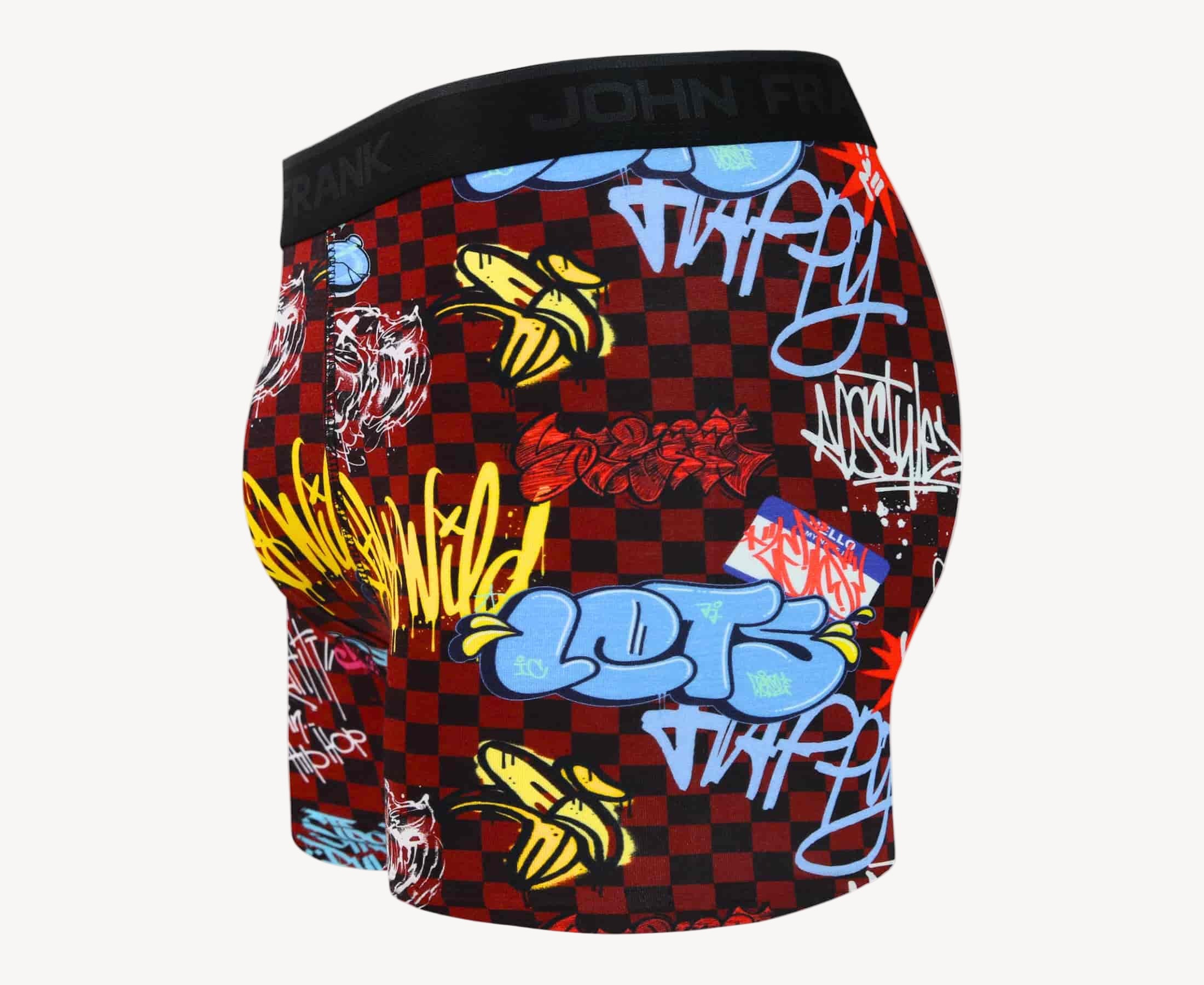Side view of men’s 95% micromodal boxer brief in burgundy with graffiti-inspired print, contoured pouch and tailored leg cut