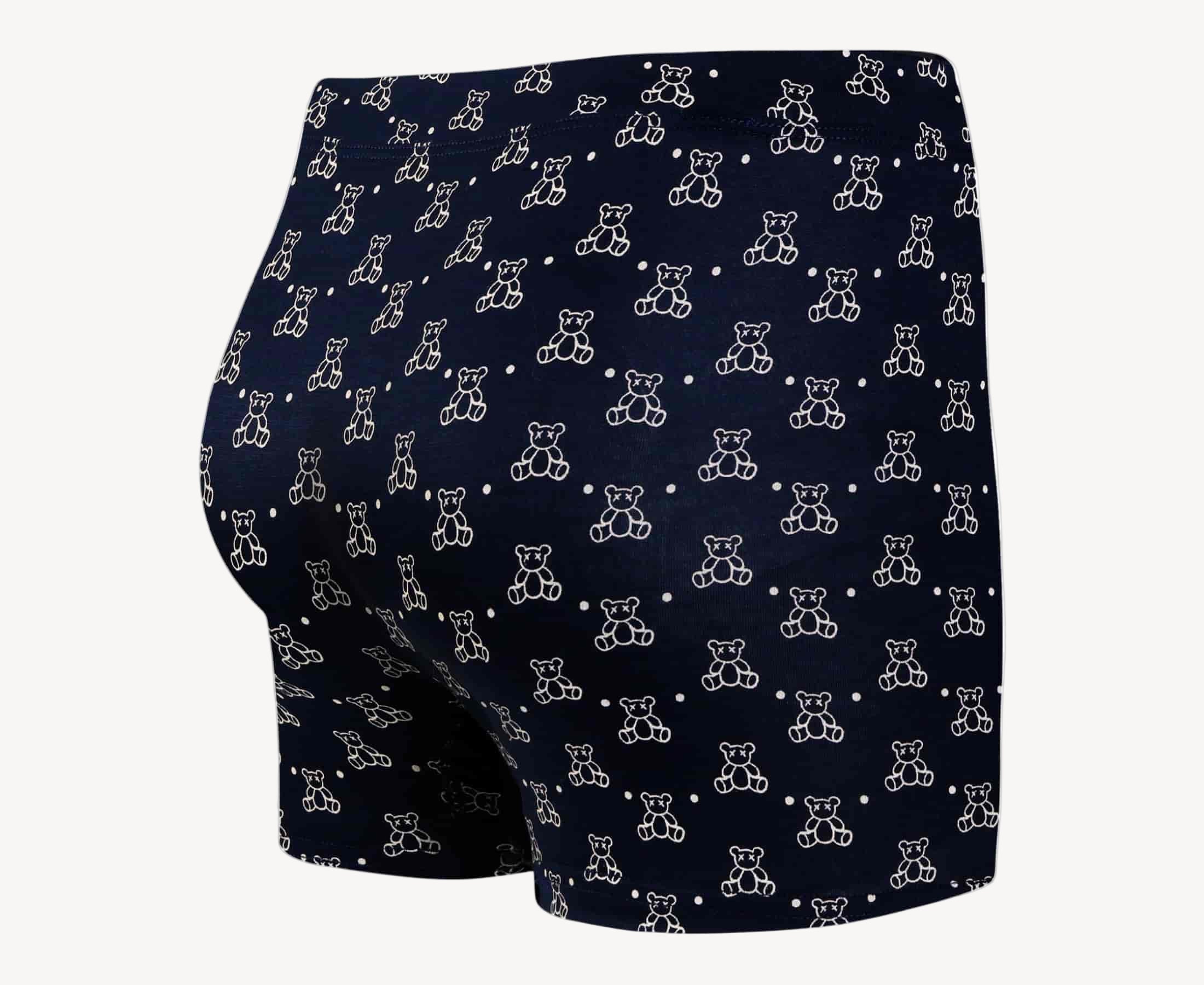 Back view of men’s 95% micromodal boxer brief in navy with teddy bear print, smooth fabric-covered waistband and rear detail