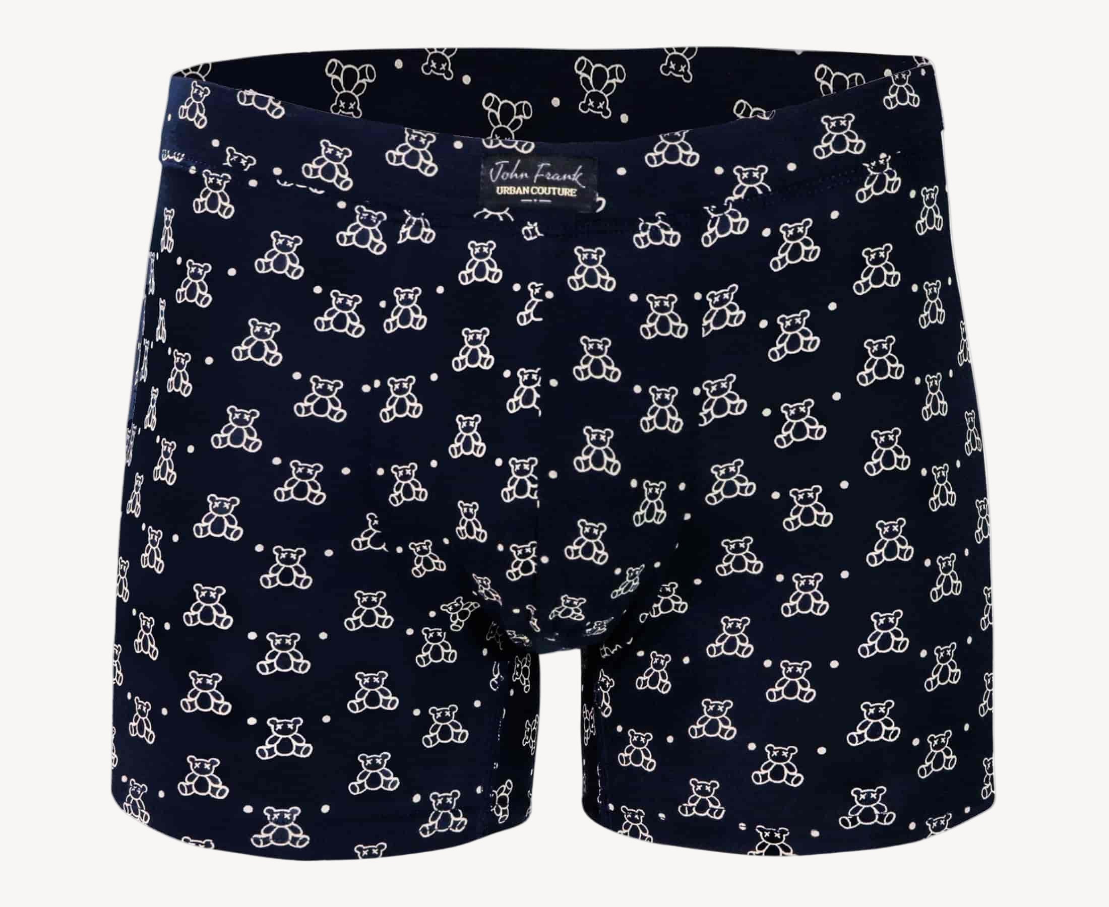 Front view of men’s 95% micromodal boxer brief in navy with teddy bear print, soft stretch and fabric-covered waistband