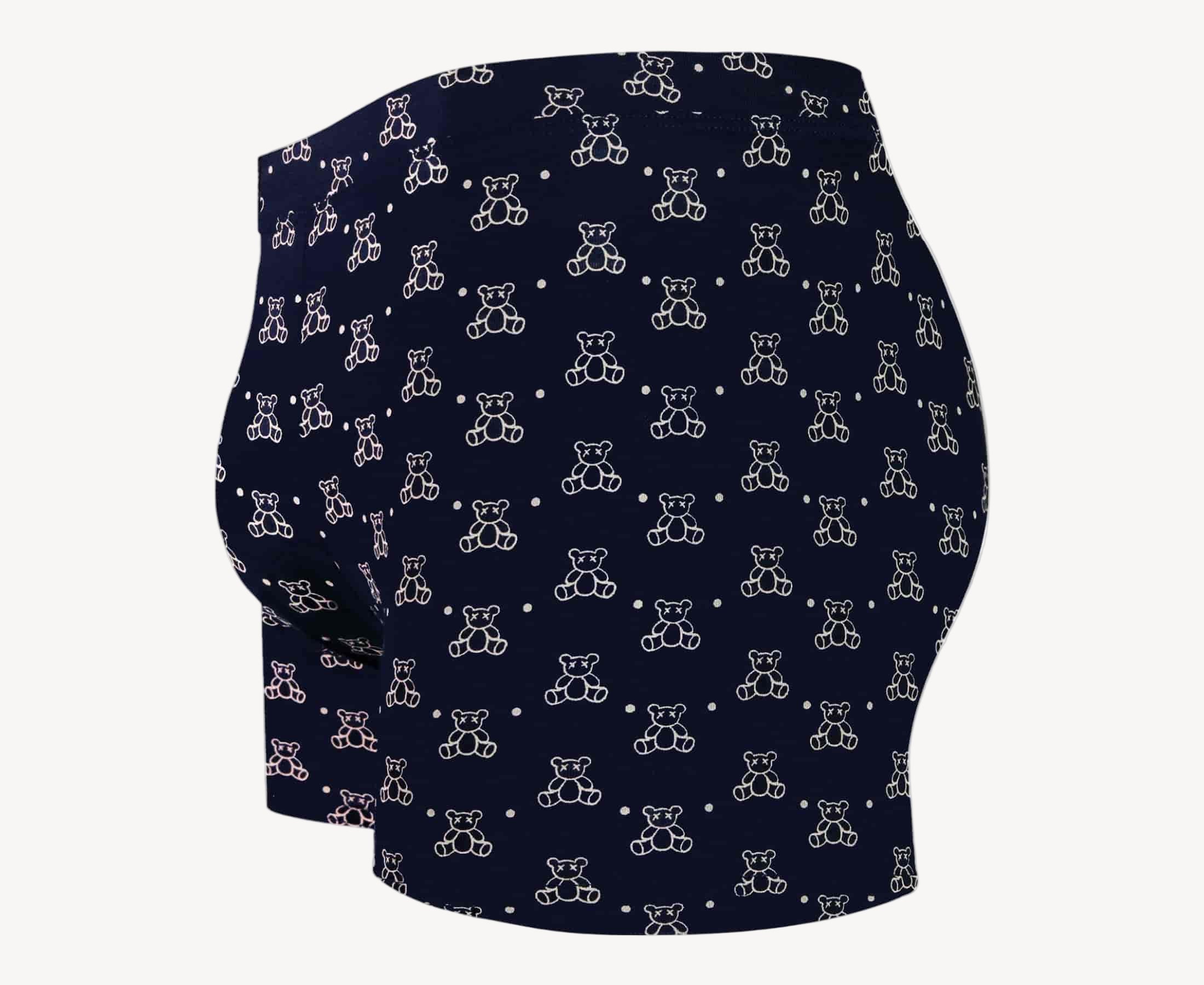 Side view of men’s 95% micromodal boxer brief in navy with teddy bear print, contoured pouch and tailored leg cut