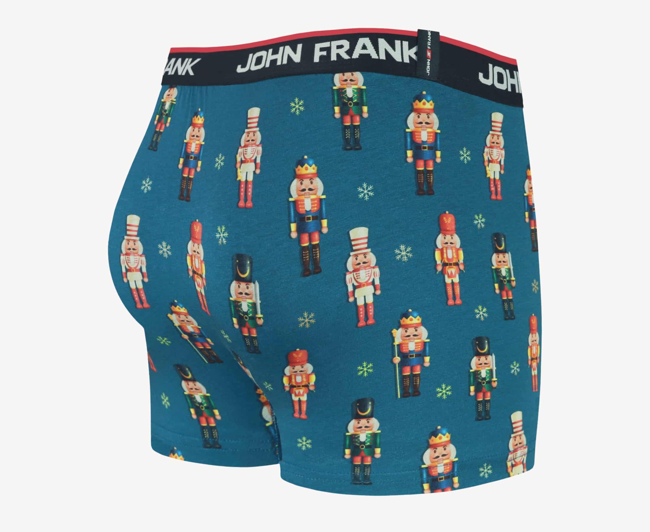 Back view of men’s 95% cotton boxer brief in teal with colorful nutcrackers print, smooth waistband, and rear detail