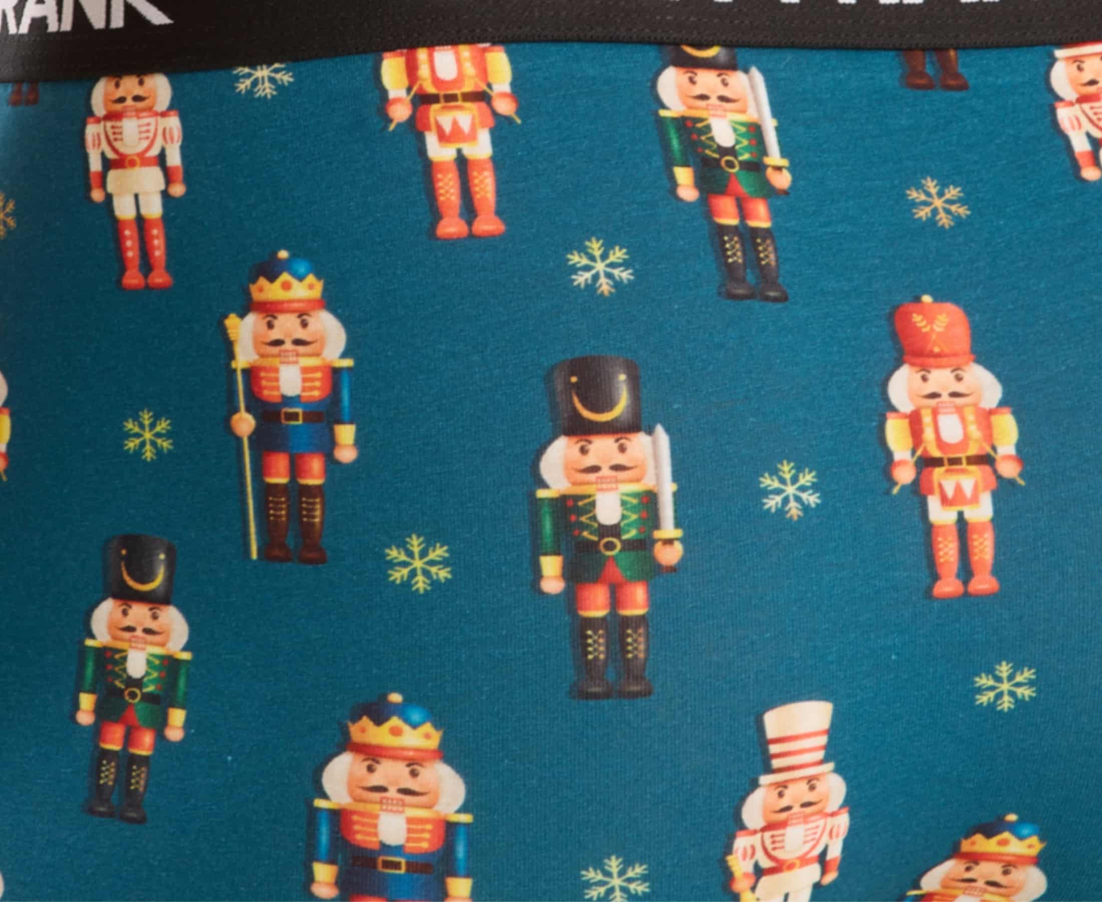 Pattern of nutcrackers and snowflakes on a teal background