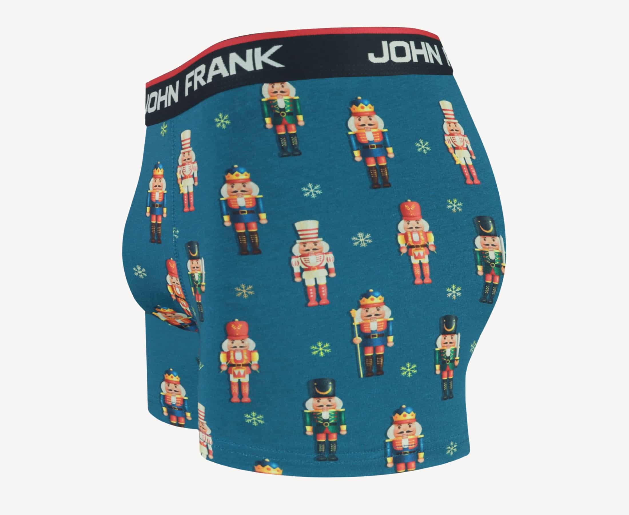 Side view of men’s 95% cotton boxer brief in teal with colorful nutcrackers print, contoured pouch, and tailored leg cut