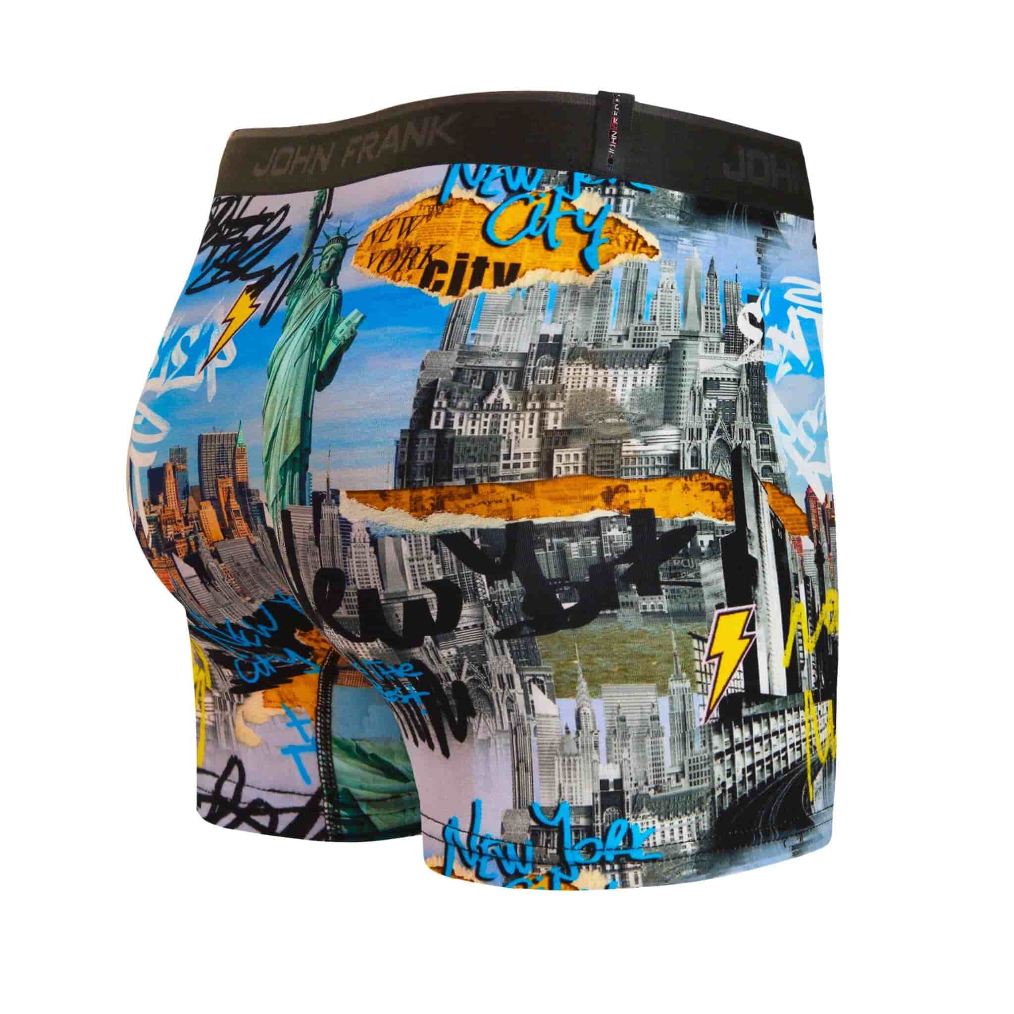 Back view of men’s 95% cotton boxer brief in multicolor NYC-inspired print with smooth waistband and rear detail
