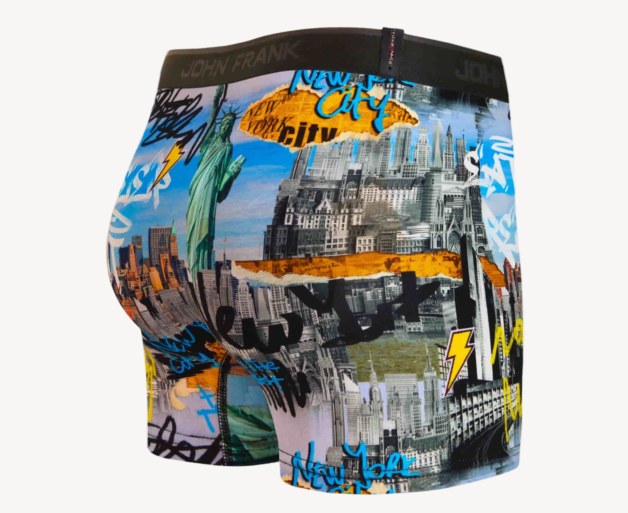 Back view of men’s 95% cotton boxer brief in multicolor NYC-inspired print with smooth waistband and rear detail