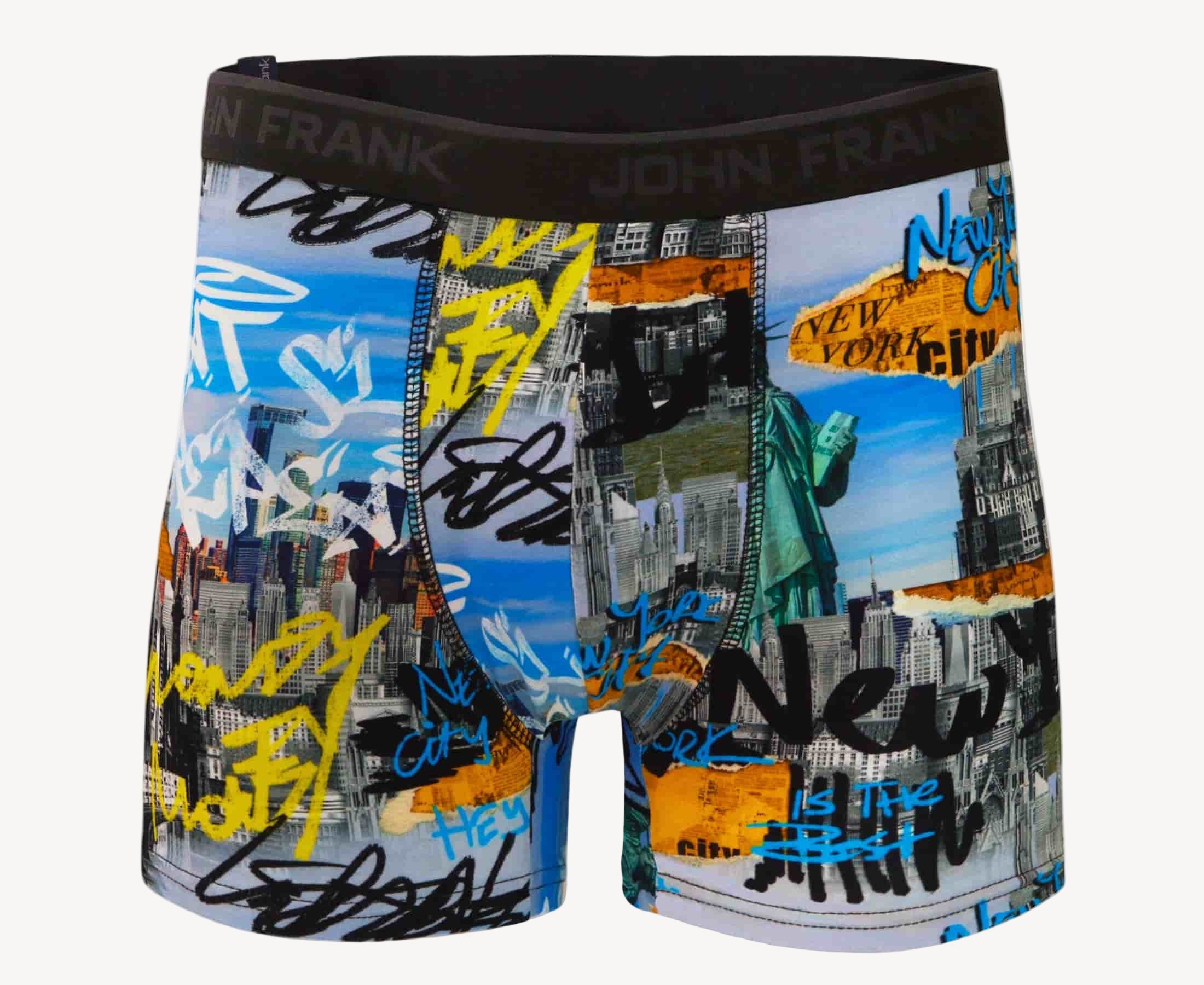 Front view of men’s 95% cotton boxer brief in multicolor NYC-inspired print with soft stretch and no-roll waistband