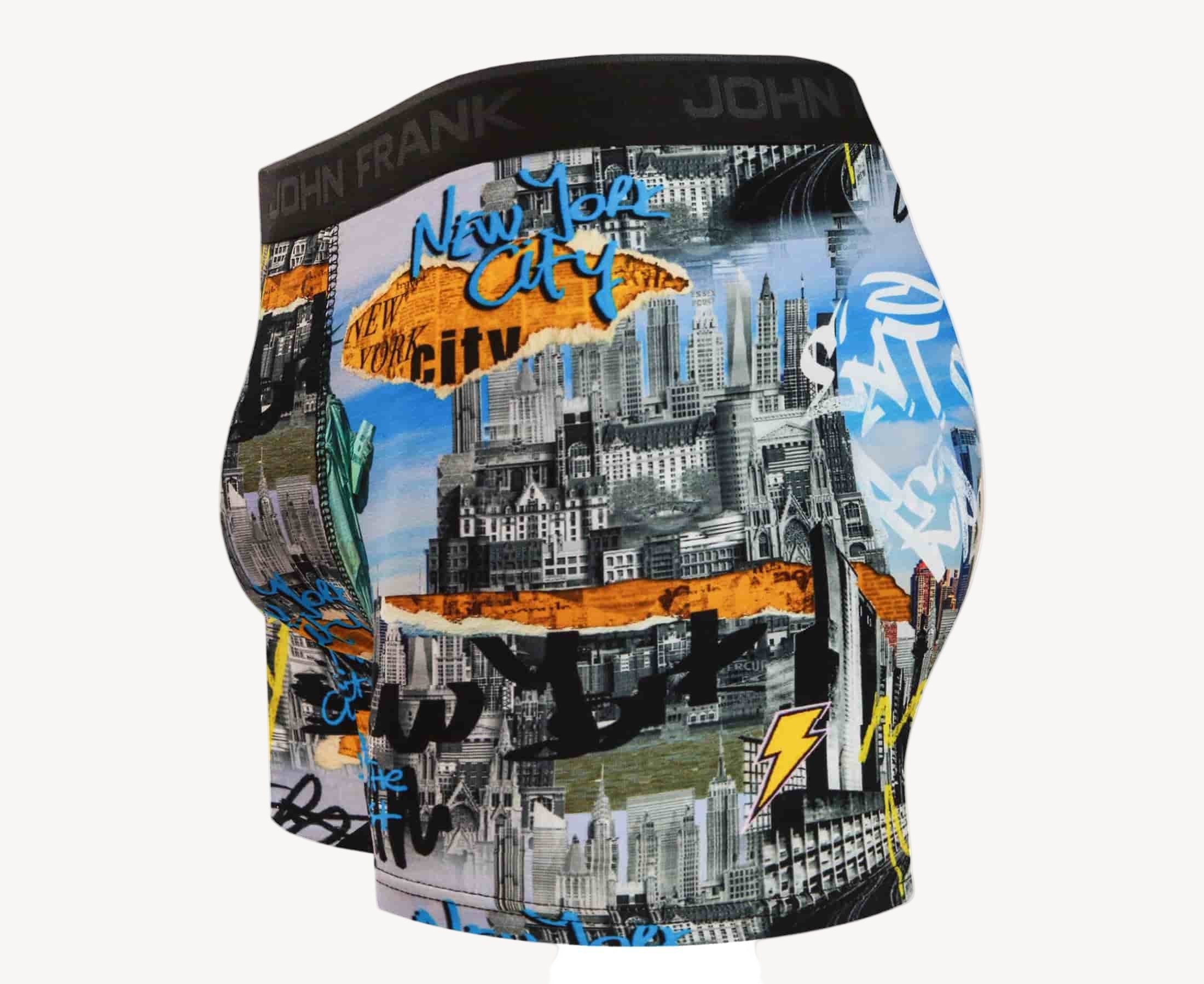 Side view of men’s 95% cotton boxer brief in multicolor NYC-inspired print with contoured pouch and tailored leg cut