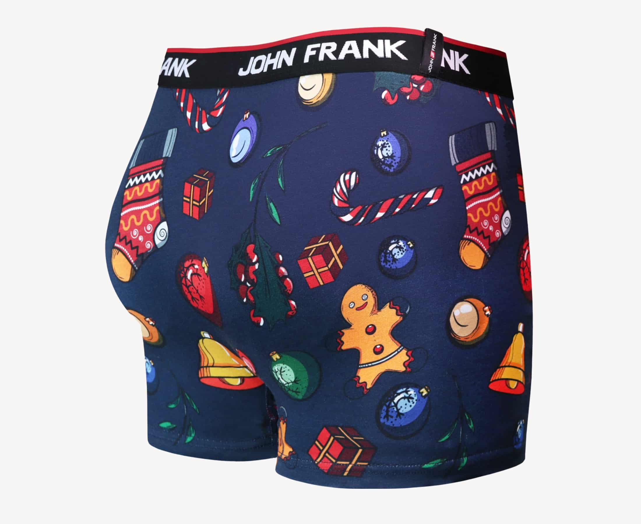 Back view of men’s 95% cotton boxer brief in navy with colorful ornaments print, smooth waistband, and rear detail