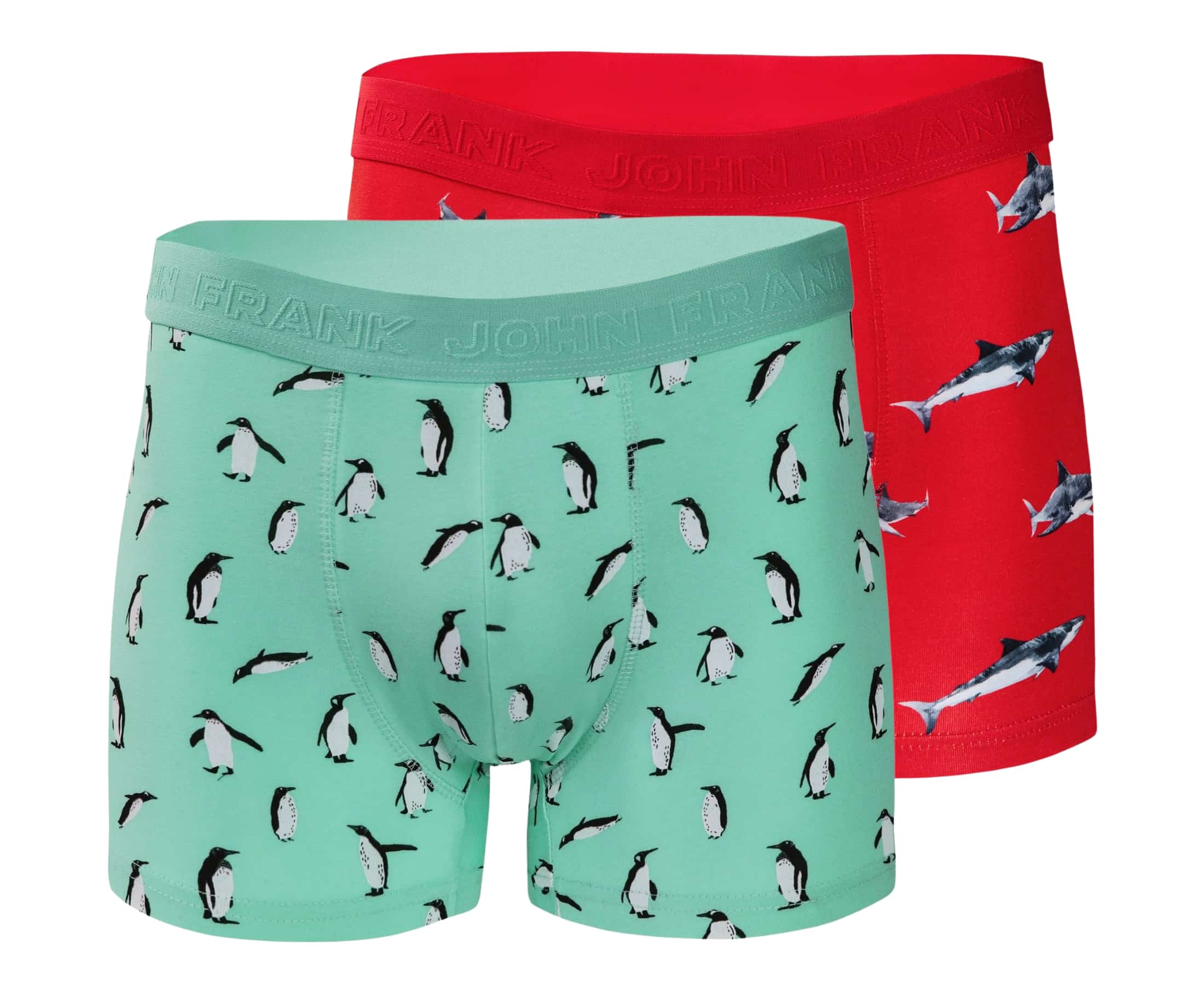 Full pack view of men’s 95% cotton boxer brief 2-pack — one turquoise with penguins, one coral with sharks