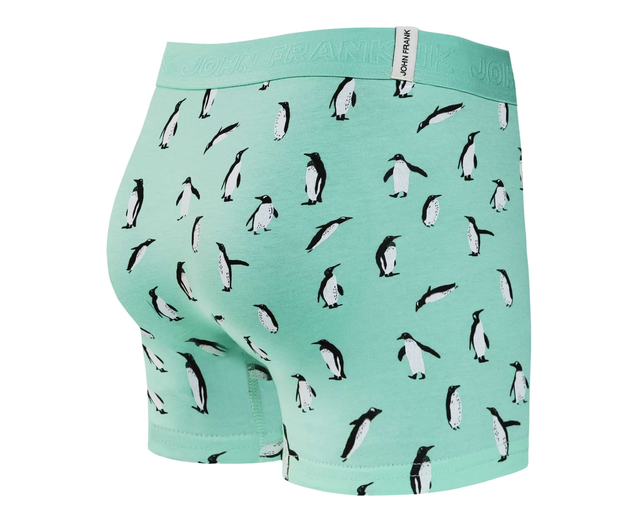 Back view of men’s 95% cotton boxer brief in turquoise with penguin print, smooth waistband, and rear detail