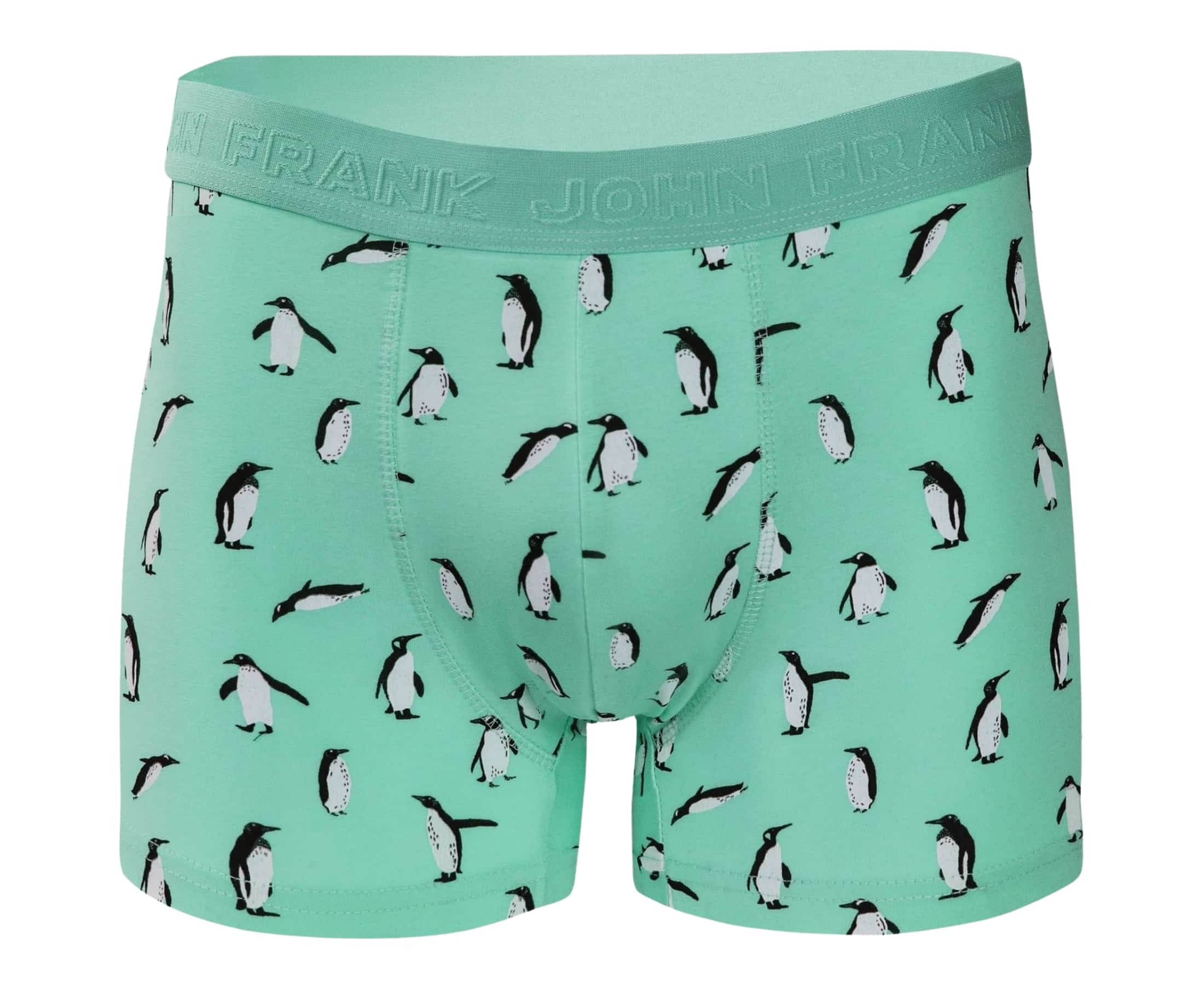 Front view of men’s 95% cotton boxer brief in turquoise with playful penguin print, soft stretch, and no-roll waistband