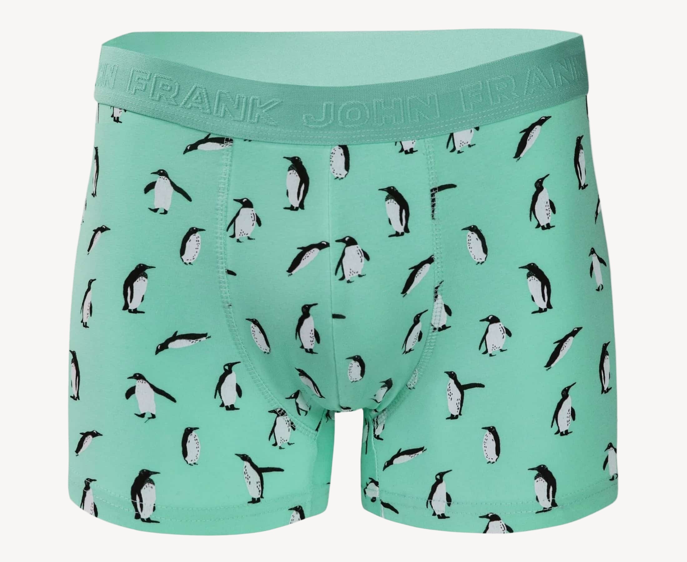 Front view of men’s 95% cotton boxer brief in turquoise with playful penguin print, soft stretch, and no-roll waistband