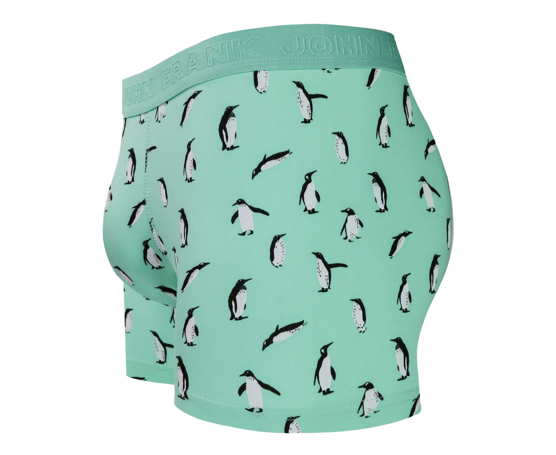 Side view of men’s 95% cotton boxer brief in turquoise with penguin print, contoured pouch, and tailored leg cut