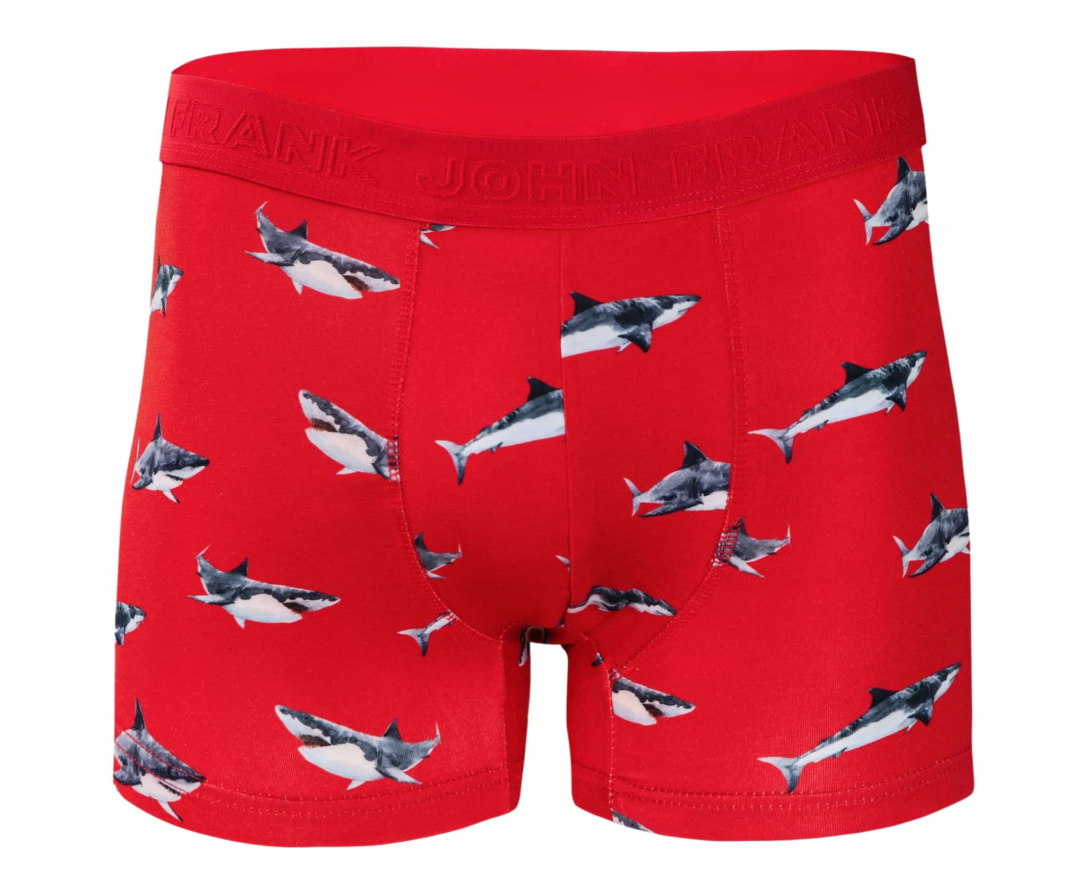 Front view of men’s 95% cotton boxer brief in coral with shark print, soft stretch, and no-roll waistband