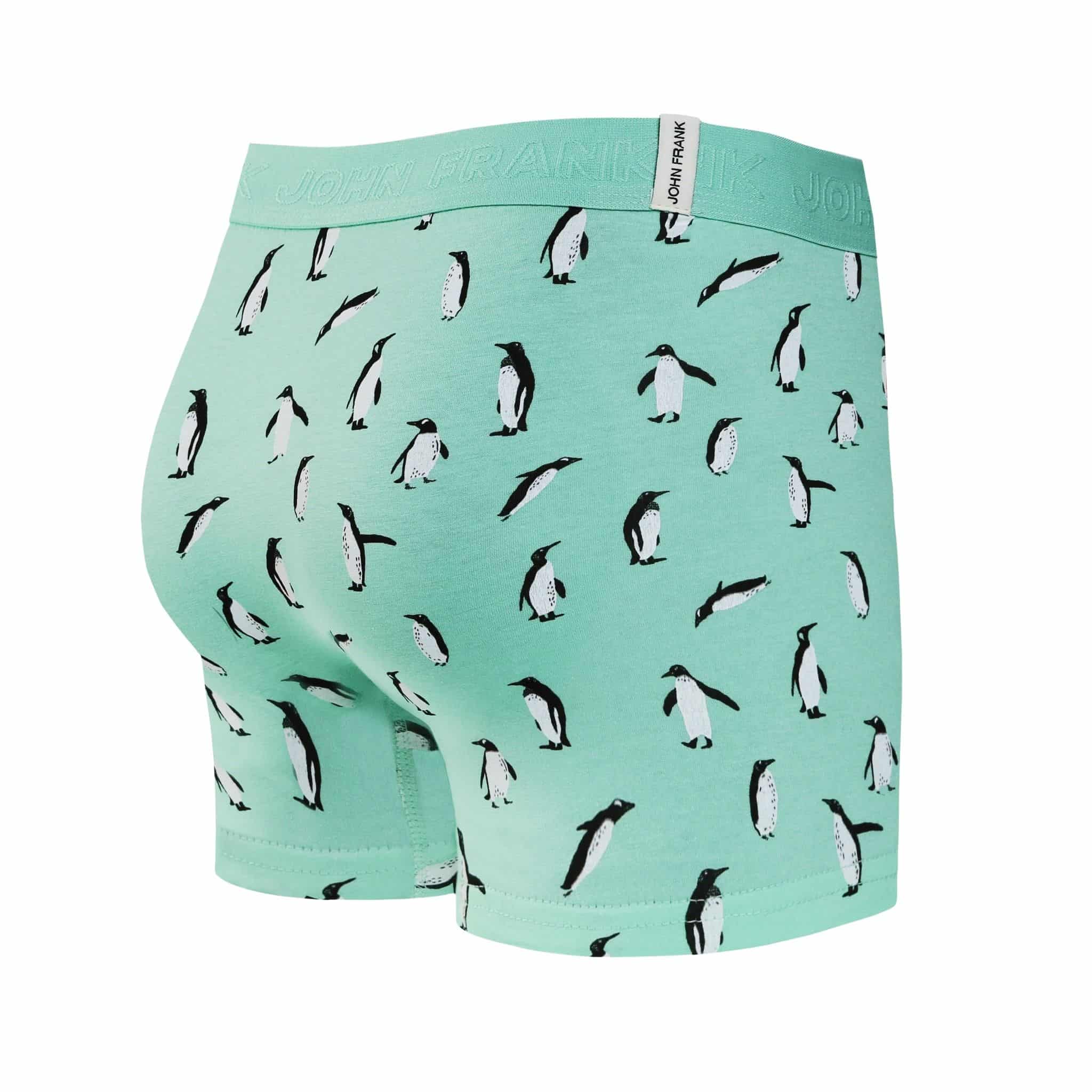 Back view of men’s 95% cotton boxer brief in turquoise with penguin print, smooth waistband, and rear detail