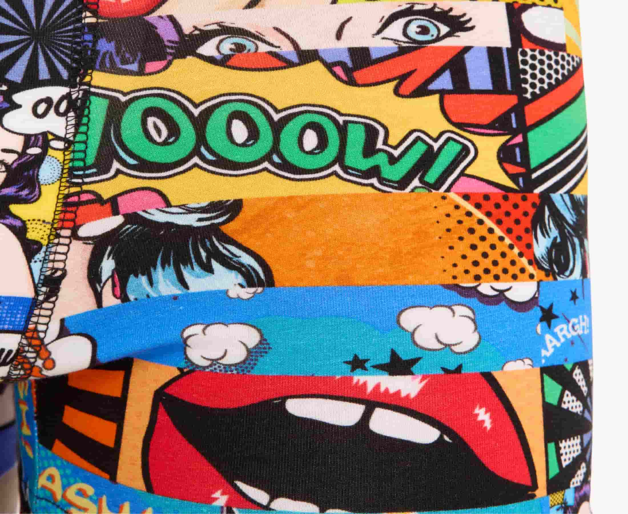 Close-up view of men’s 95% cotton boxer brief in multicolor pop art, showcasing fabric detail