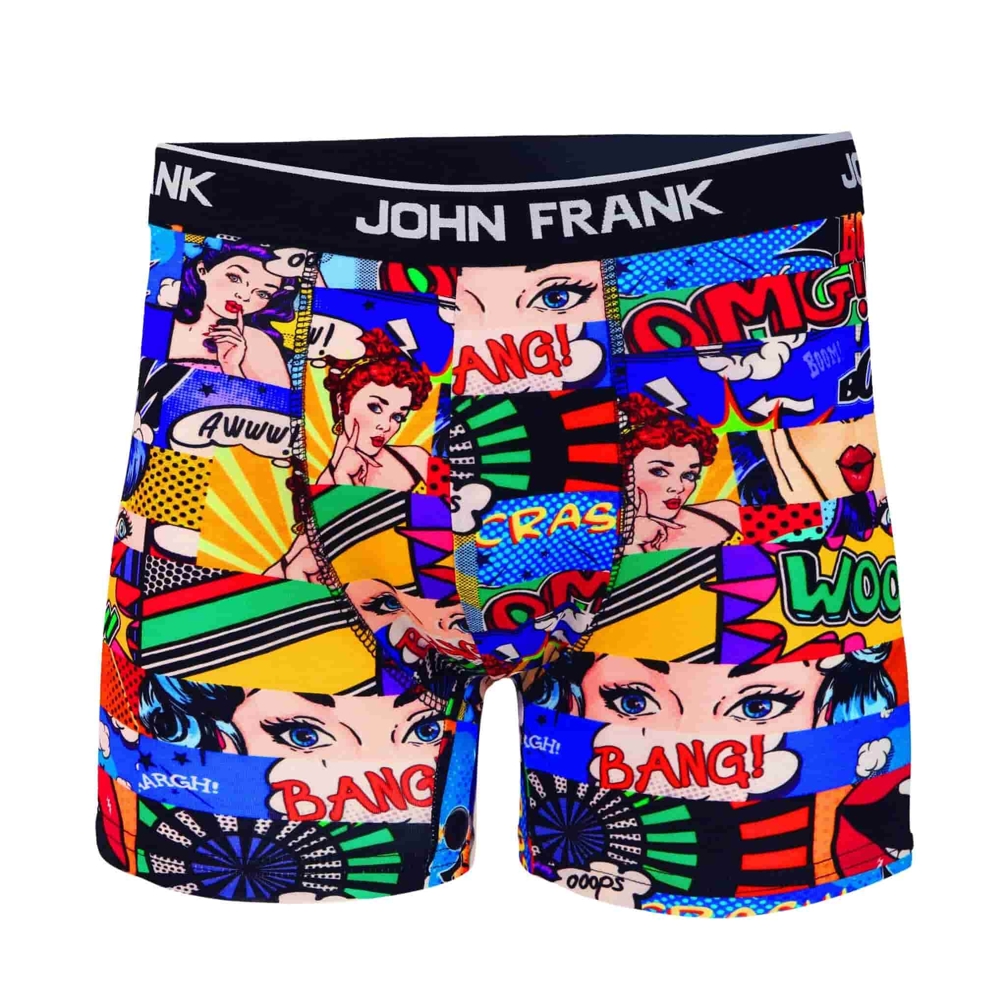 Front view of men’s 95% cotton boxer brief in multicolor pop art print with smooth waistband and soft stretch fit