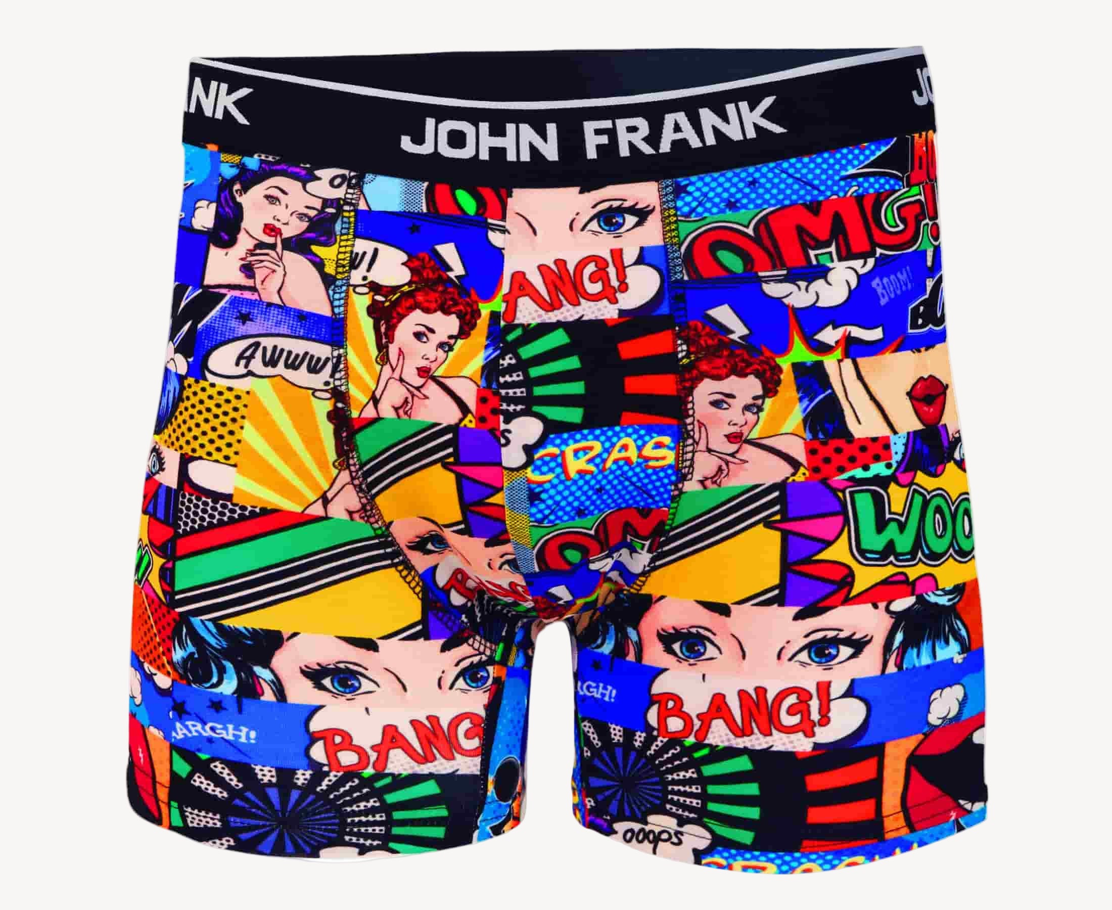 Front view of men’s 95% cotton boxer brief in multicolor pop art print with smooth waistband and soft stretch fit