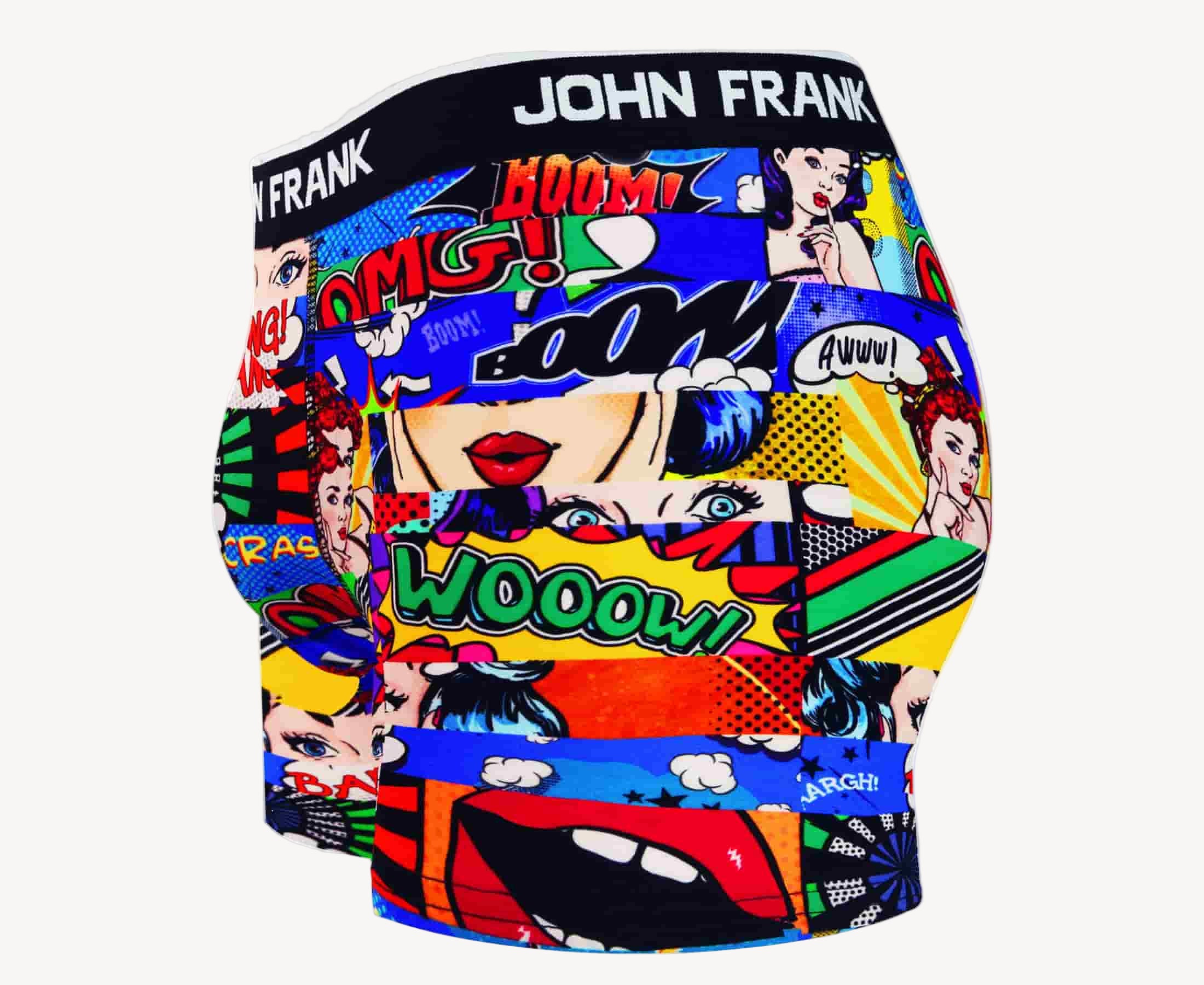 Side view of men’s 95% cotton boxer brief in multicolor pop art print with contoured pouch and tailored leg cut