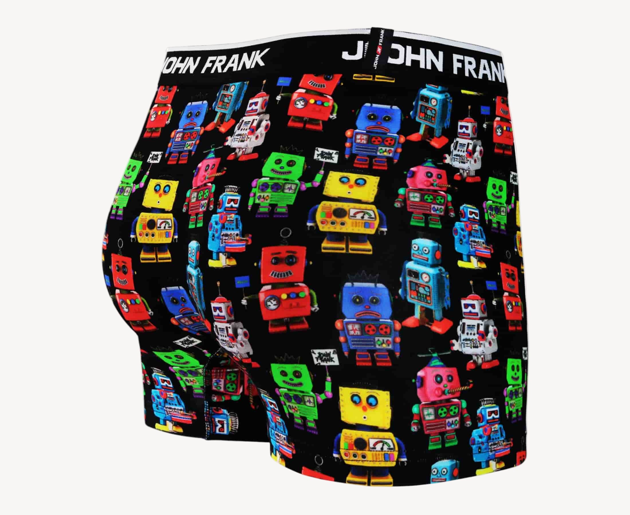 Back view of men’s 95% black cotton boxer brief in multicolor robots print with smooth waistband and rear detail