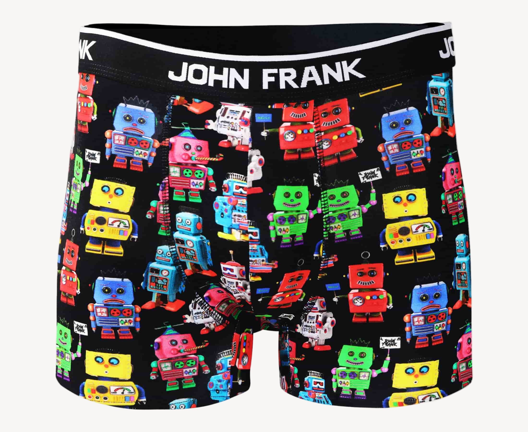 Front view of men’s 95% black cotton boxer brief in multicolor robots print with soft stretch and no-roll waistband