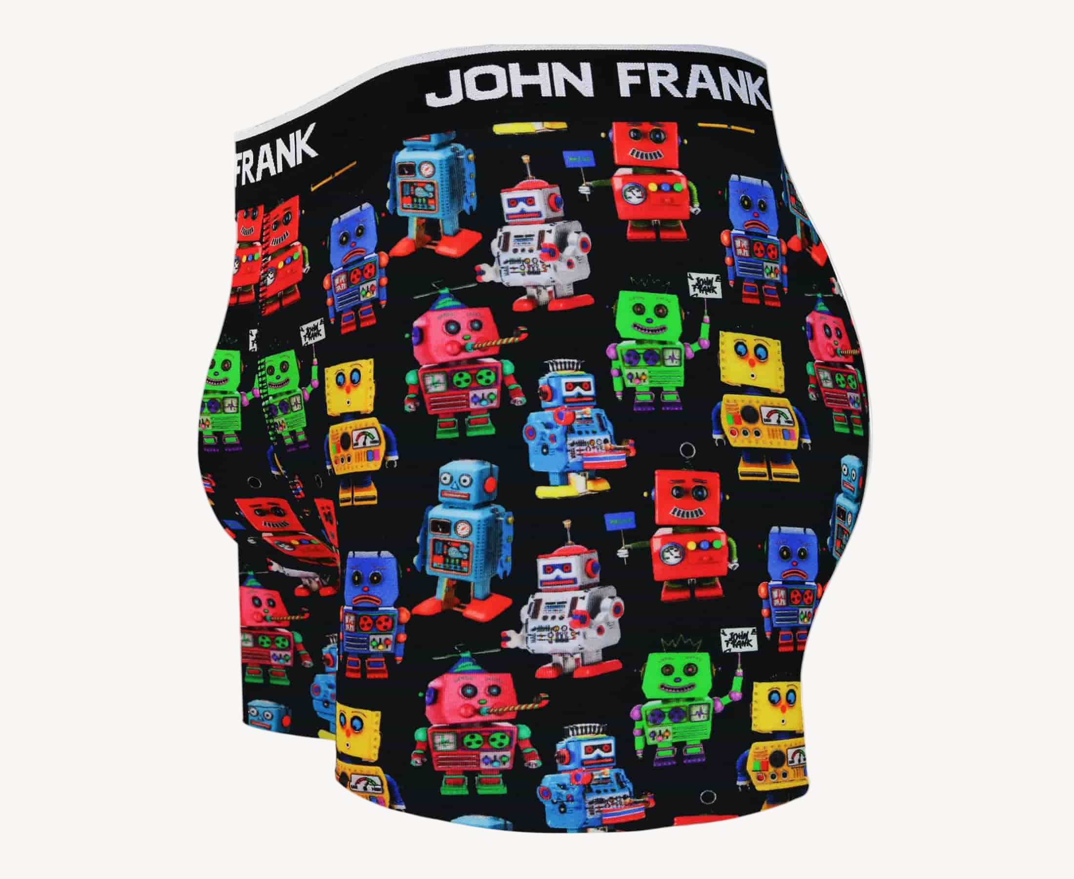 Side view of men’s 95% cotton black boxer brief in multicolor robots print with contoured pouch and tailored leg cut