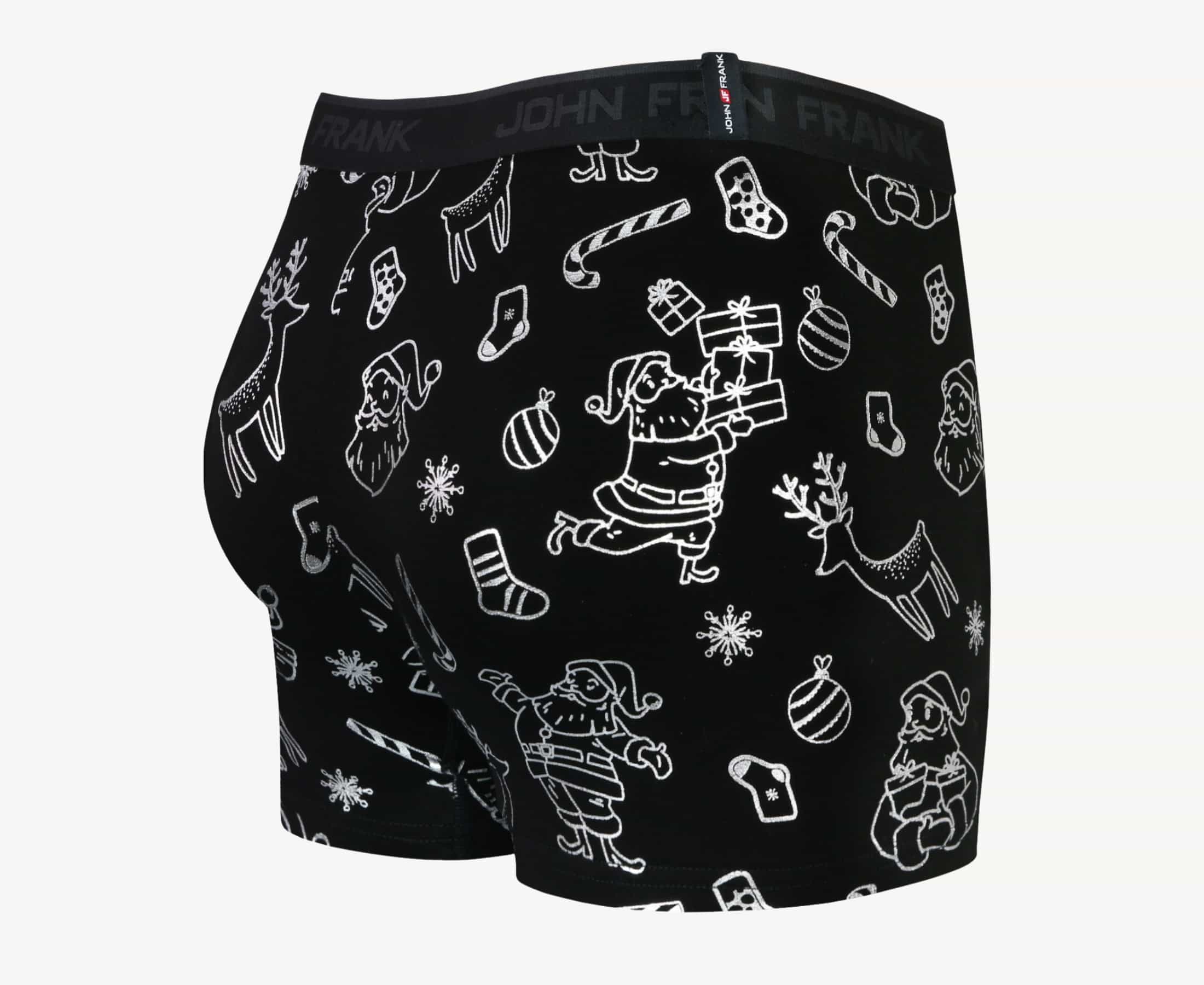 Back view of men’s 95% cotton boxer brief in black with shiny silver Christmas doodles print, smooth waistband, and rear detail