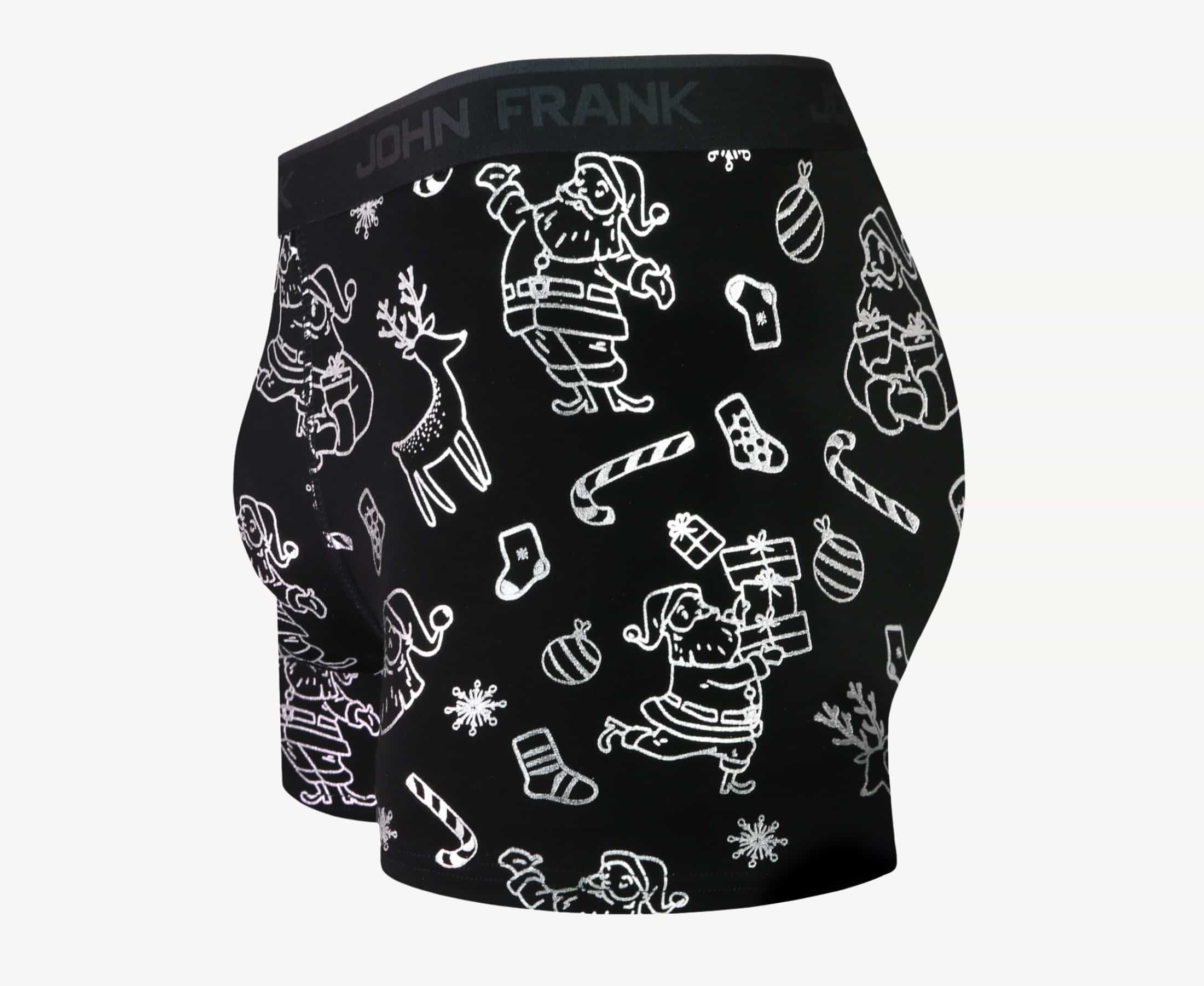 Side view of men’s 95% cotton boxer brief in black with shiny silver Christmas doodles print, contoured pouch, and tailored leg cut