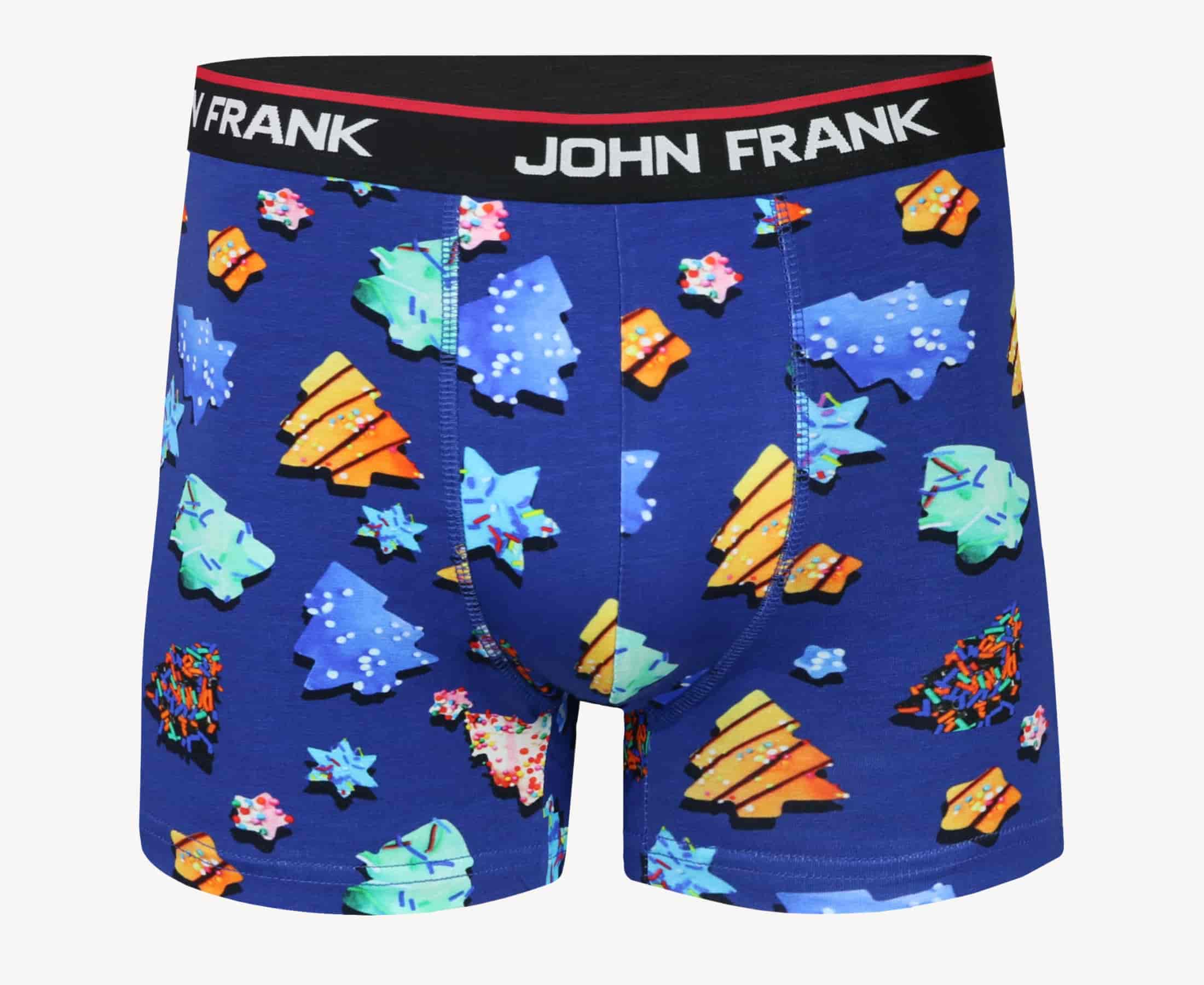 Front view of men’s 95% cotton boxer brief in royal blue with colorful sugar cookies print, soft stretch, and no-roll waistband