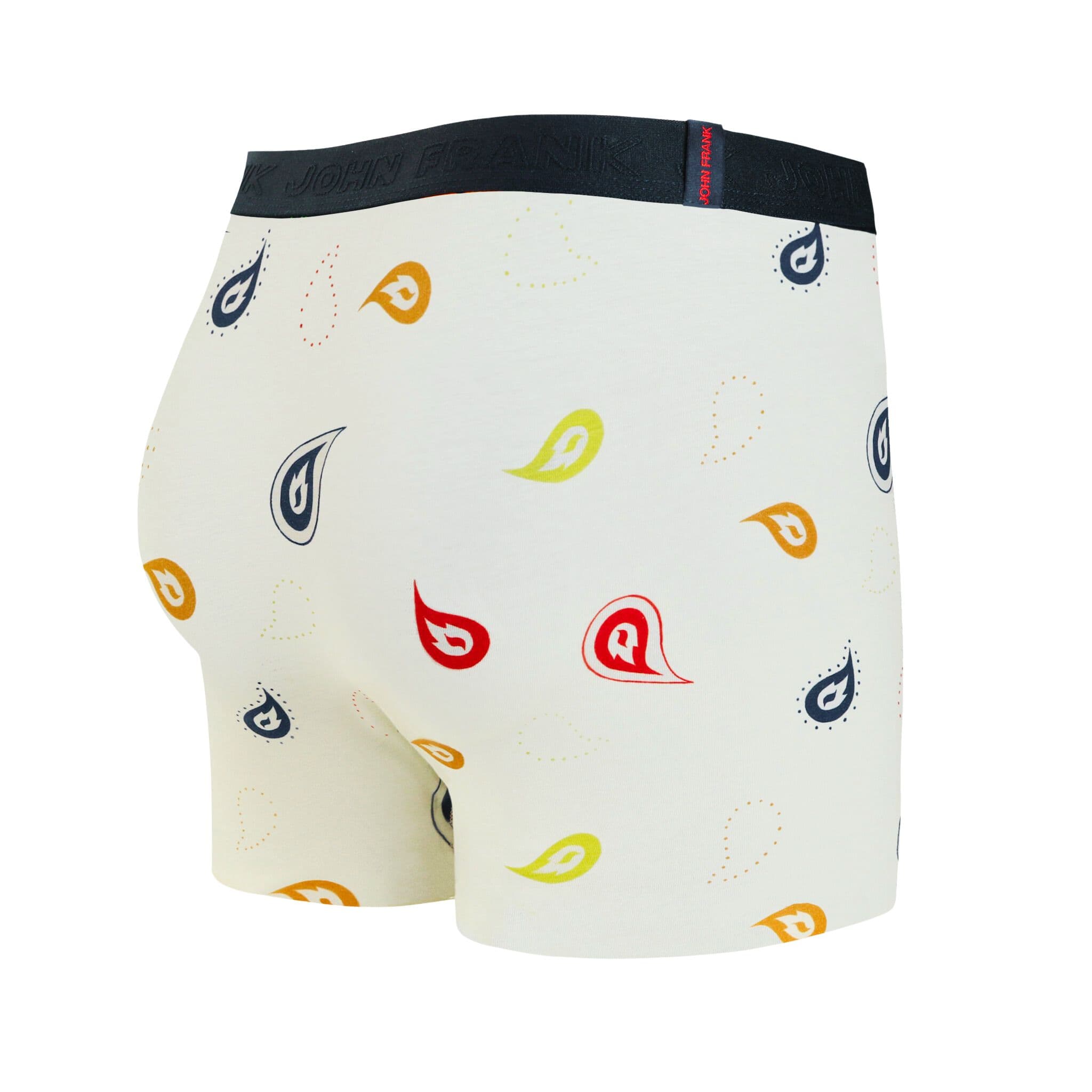 Back view of men’s 95% cotton boxer brief in cream with colorful paisley print, smooth waistband, and rear detail