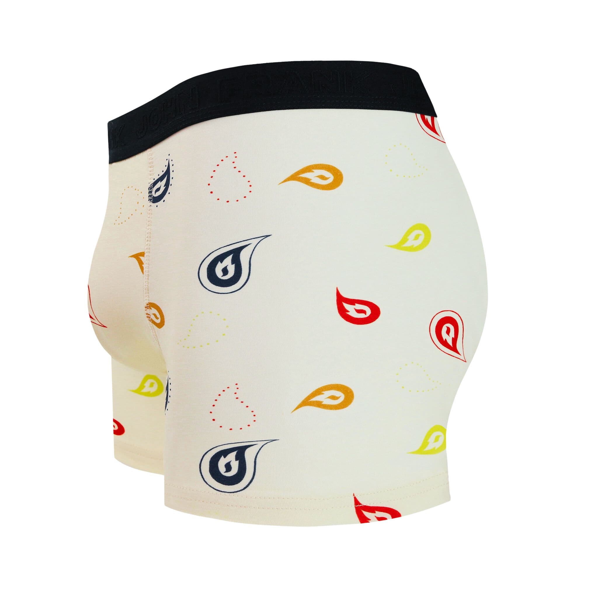 Side view of men’s 95% cotton boxer brief in cream with colorful paisley print, contoured pouch, and tailored leg cut