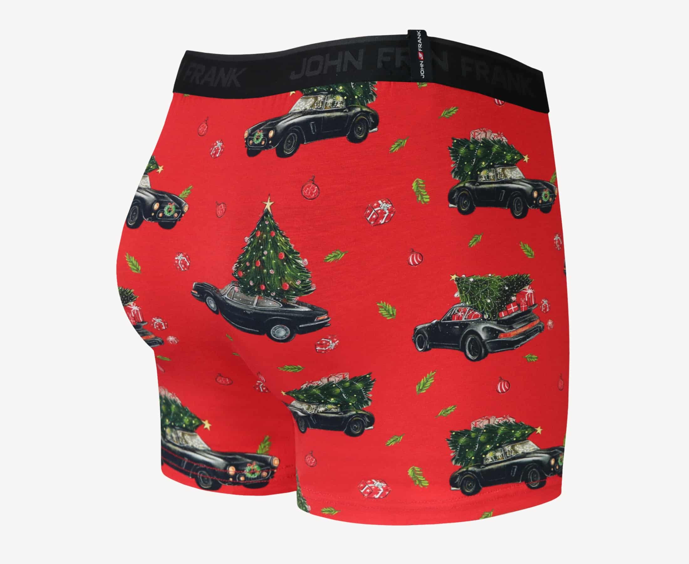 Back view of men’s 95% cotton boxer brief in red with Christmas tree shopping print, smooth waistband, and rear detail