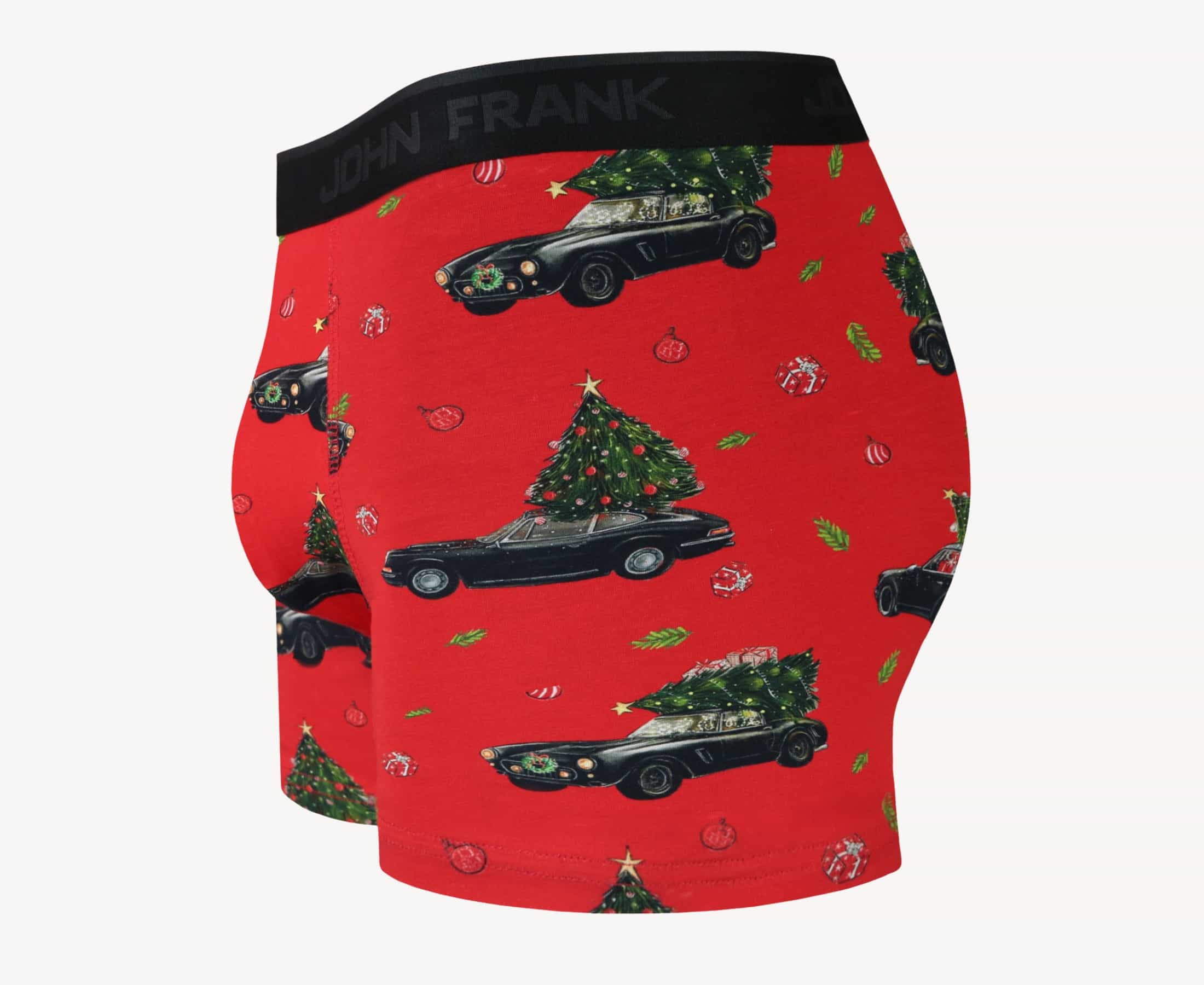 Side view of men’s 95% cotton boxer brief in red with Christmas tree shopping print, contoured pouch, and tailored leg cut