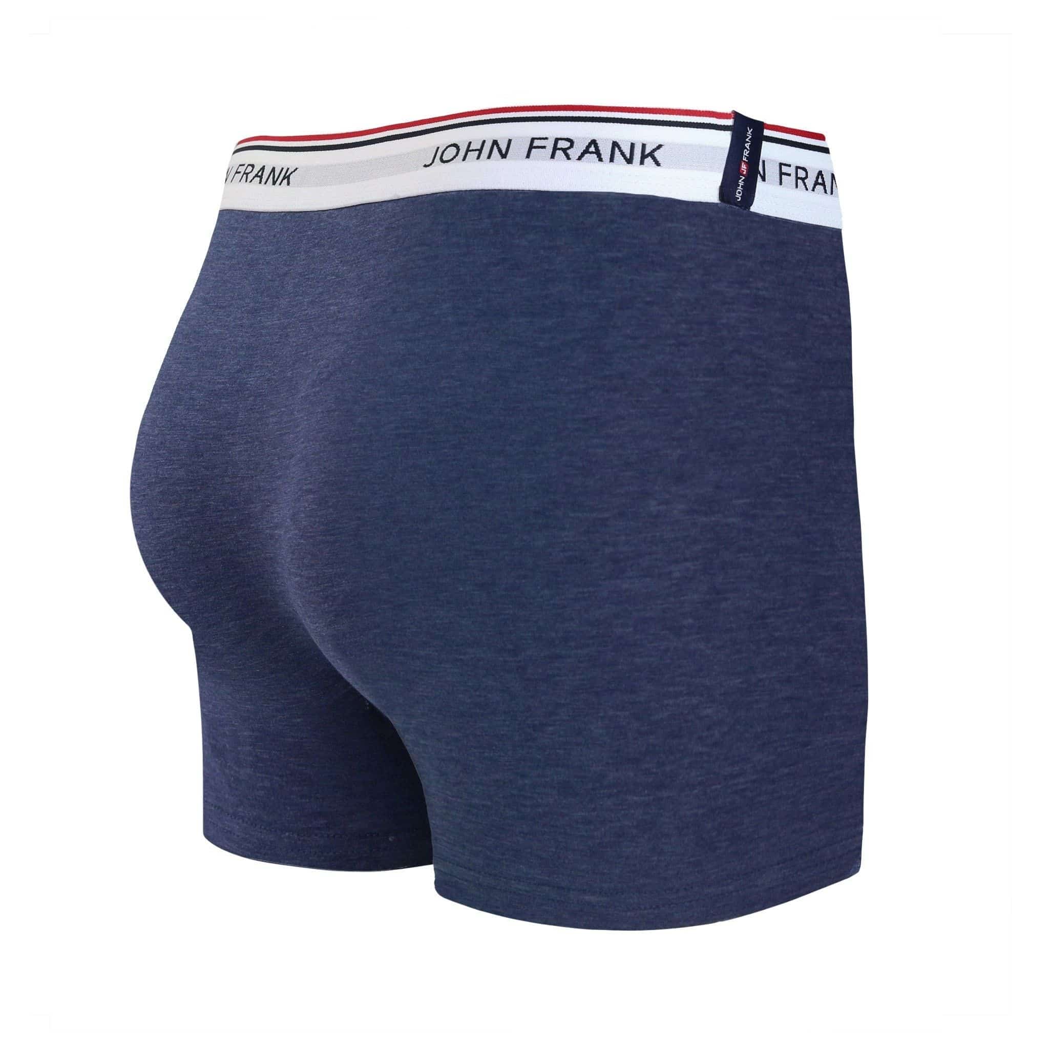 Back view of men’s 95% cotton boxer brief in slate blue with white striped waistband and rear detail