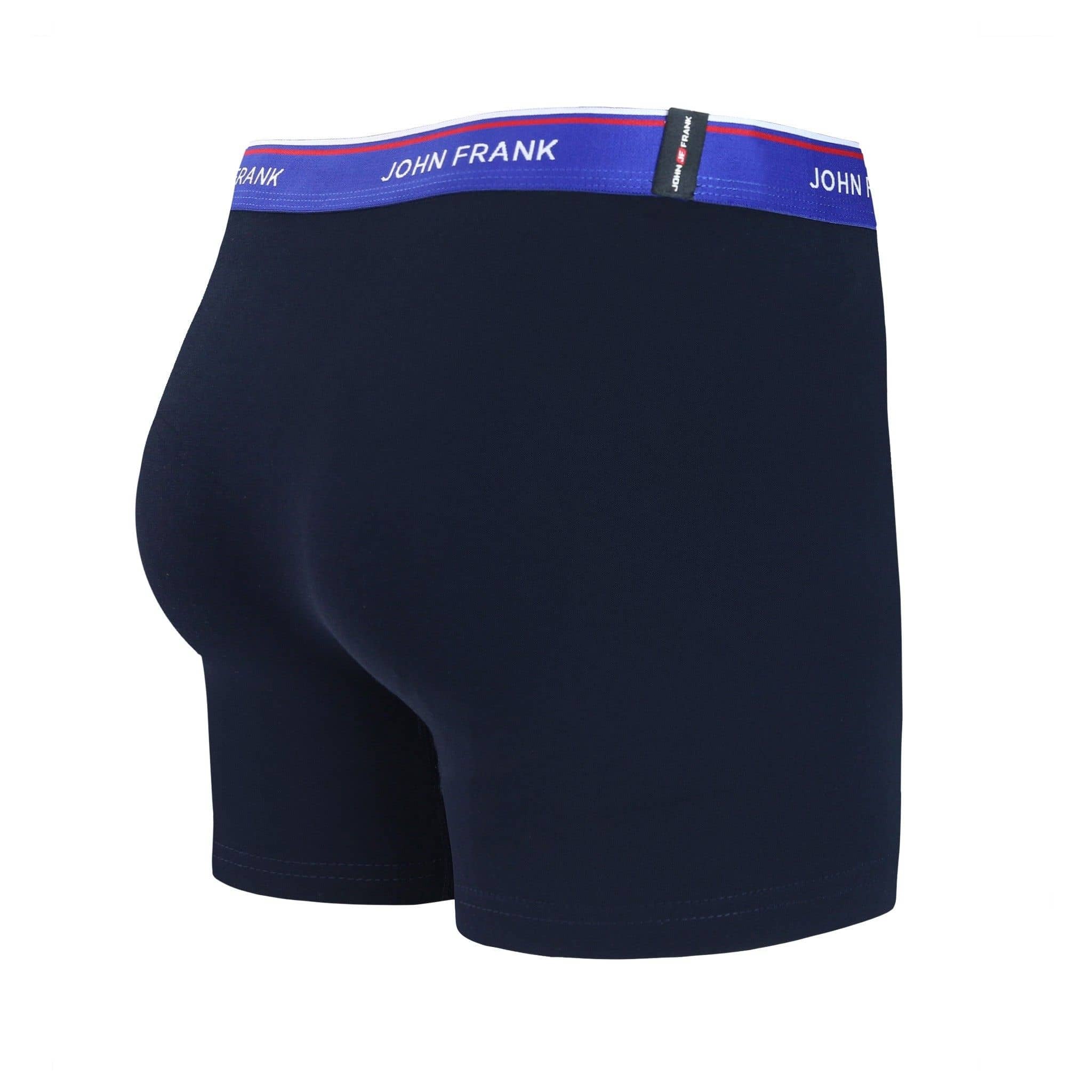 Back view of men’s 95% cotton boxer brief in midnight blue with indigo striped waistband and rear detail
