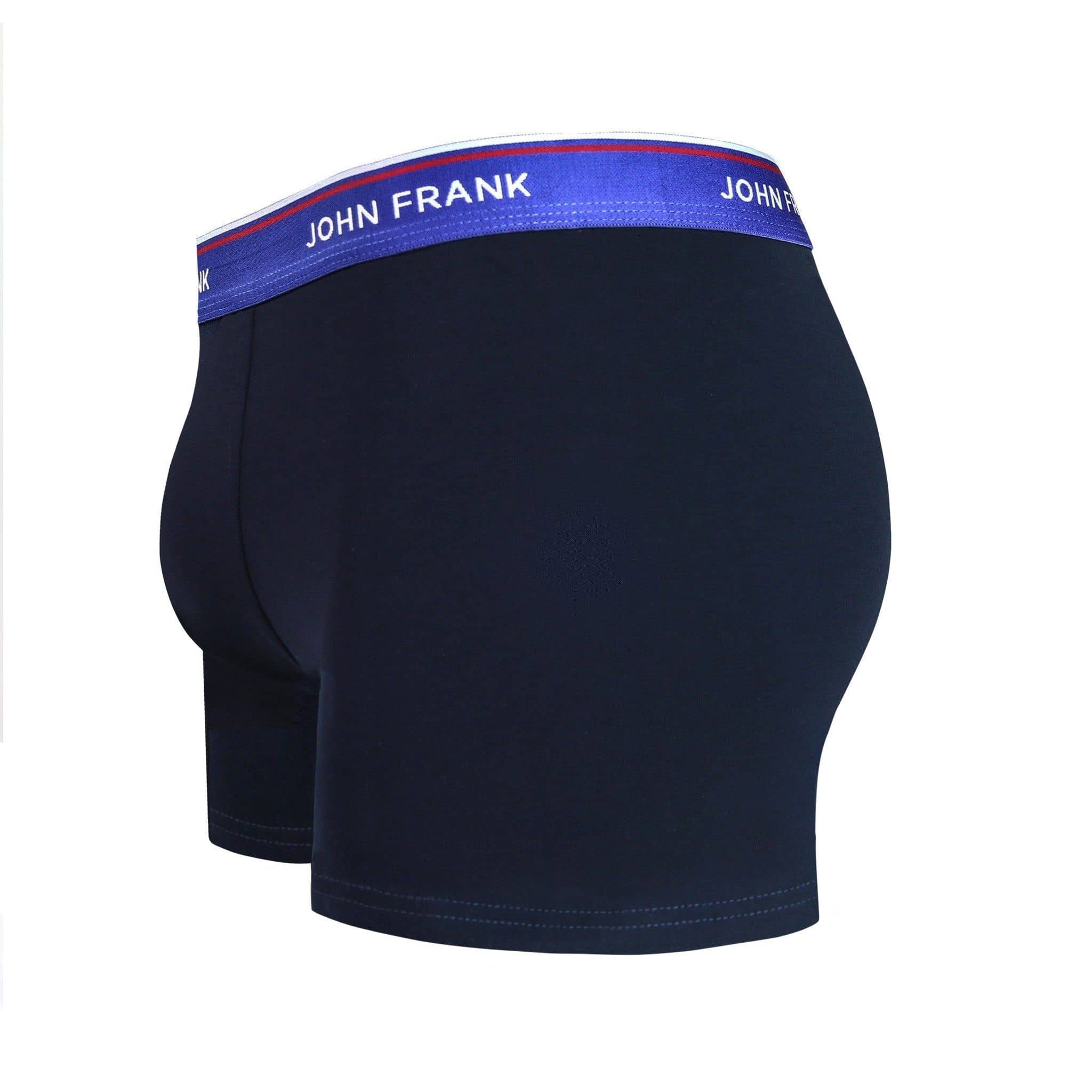 Side view of men’s 95% cotton boxer brief in midnight blue with indigo striped waistband, contoured pouch, and tailored leg cut
